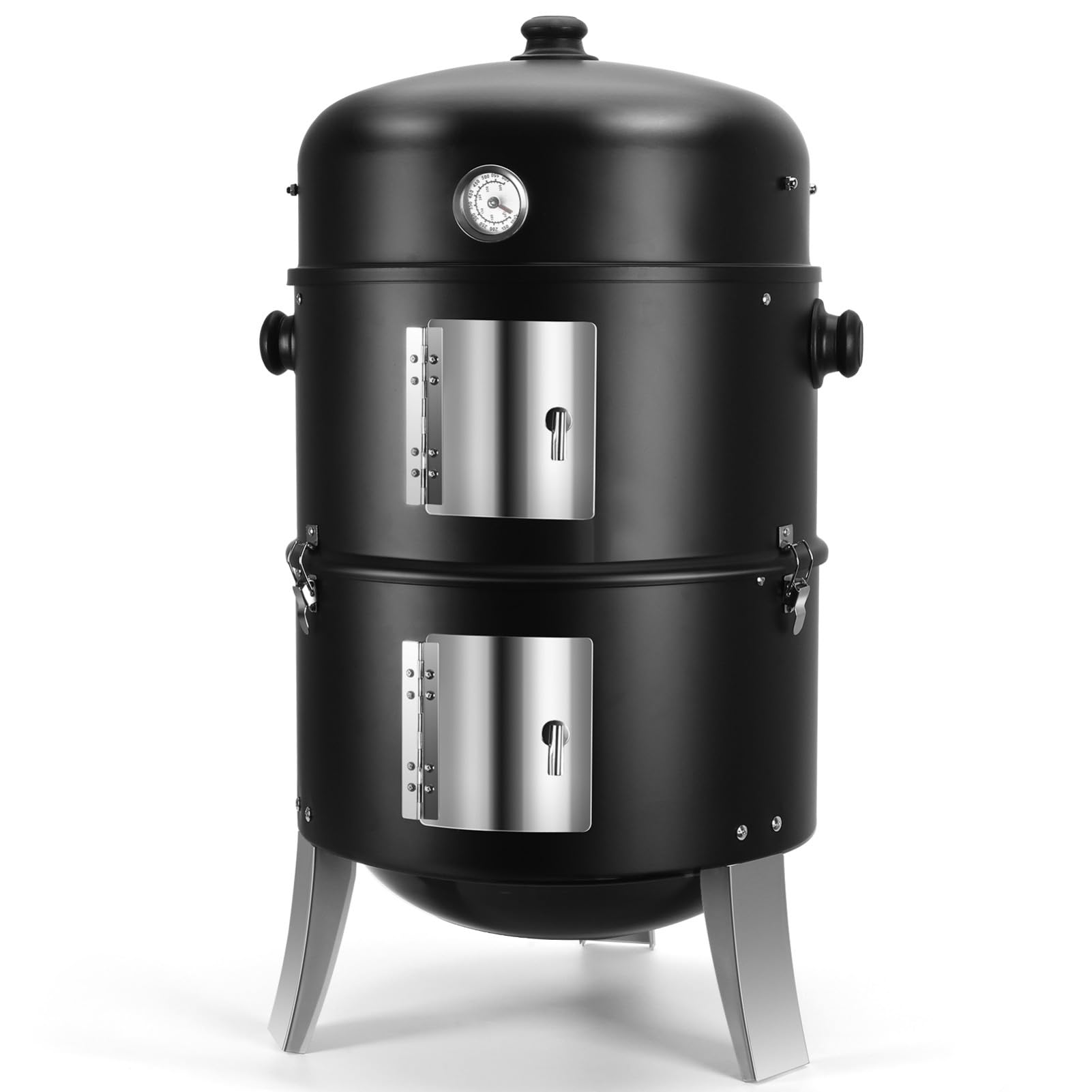 SUNLIFER front view of assembled 16-inch smoker showing compact footprint and sturdiness
