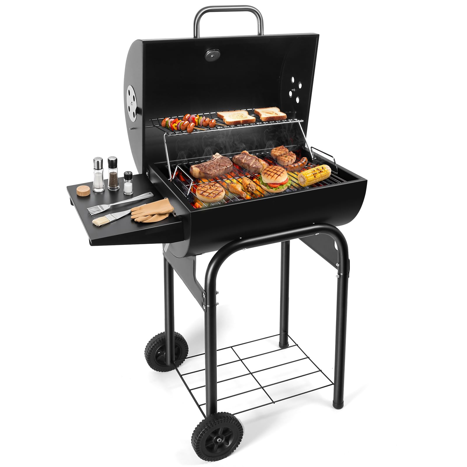 SUNLIFER front view of barrel grill showing cooking area and lid, easy setup benefit