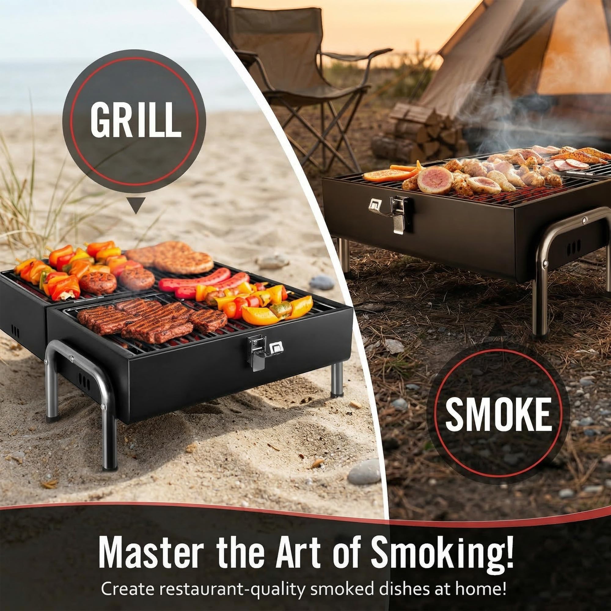 SUNLIFER grill in use at a campsite showing practical outdoor cooking