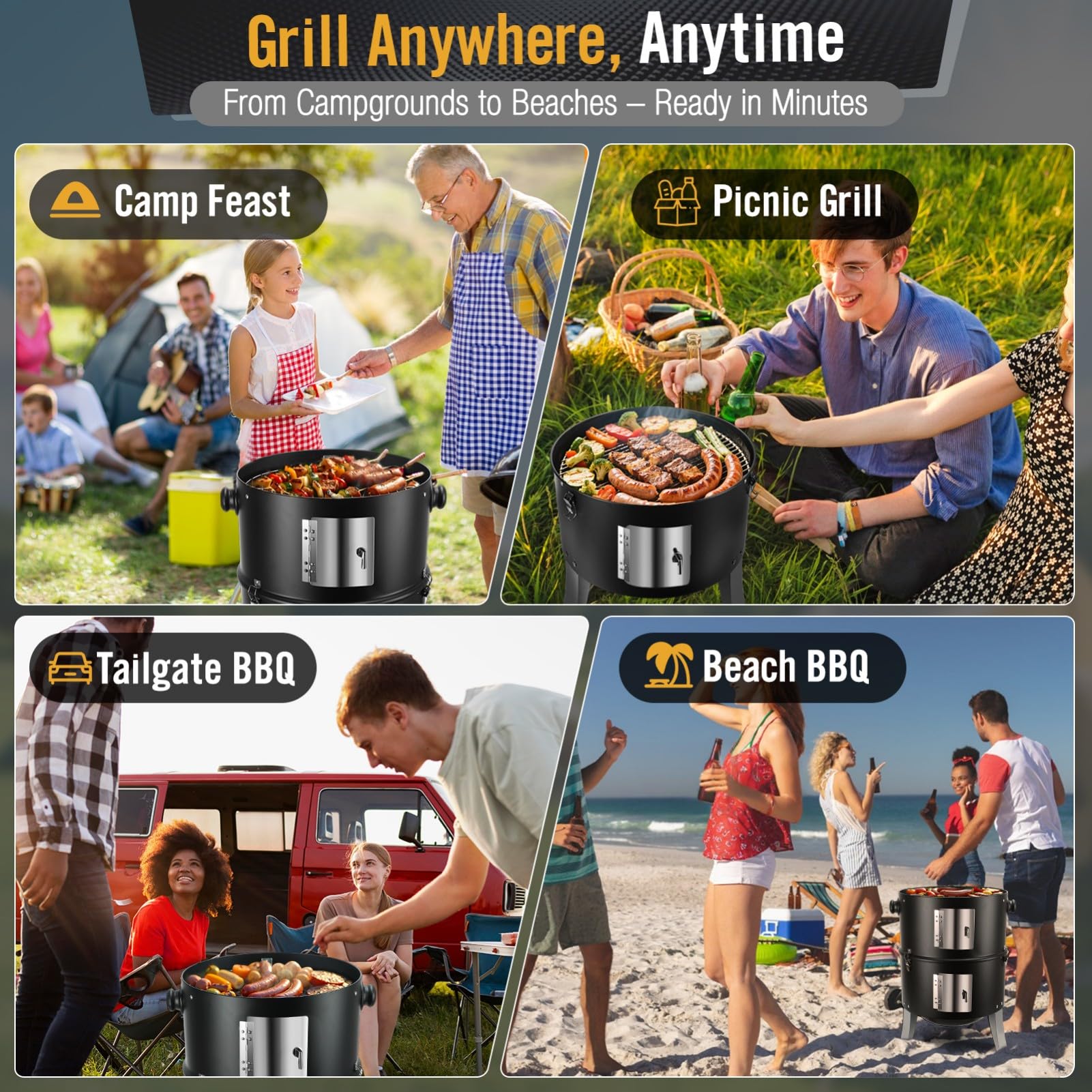 SUNLIFER patio cookout scene showing grilled meats and family-friendly outdoor cooking