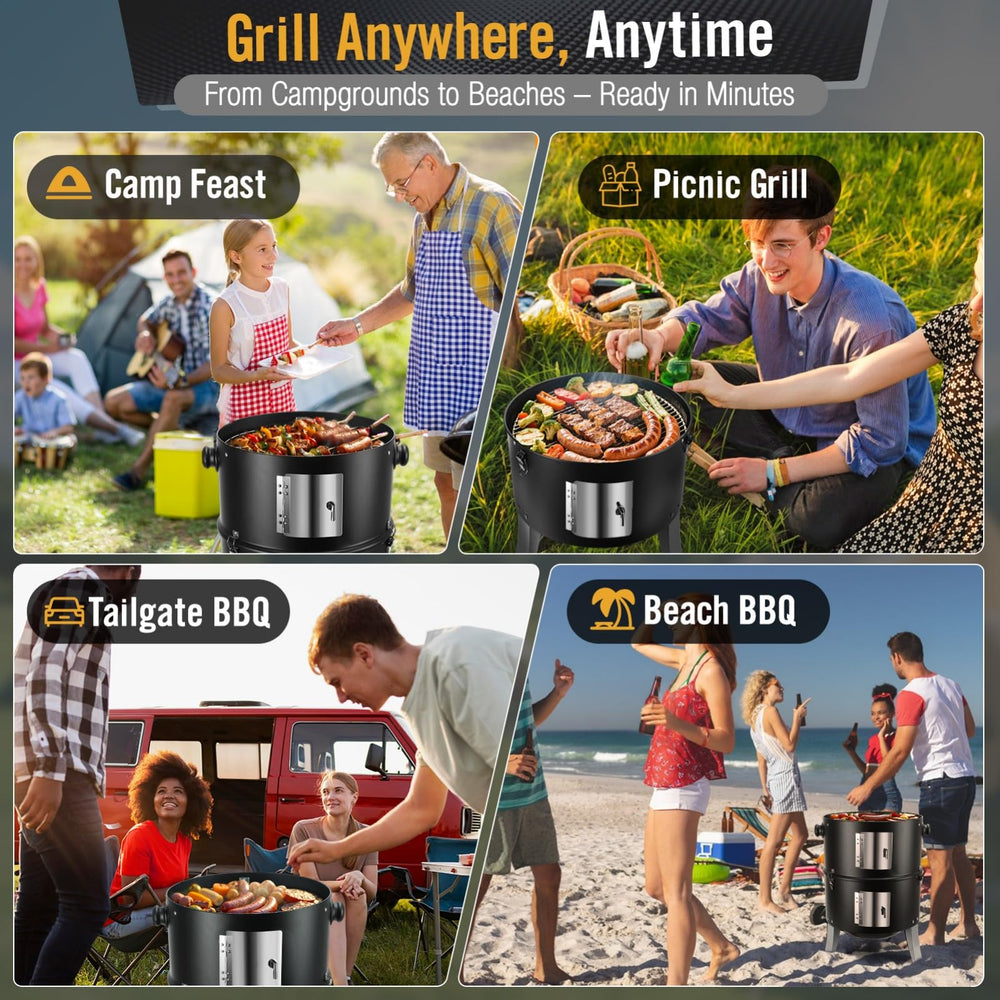 SUNLIFER patio cookout scene showing grilled meats and family-friendly outdoor cooking