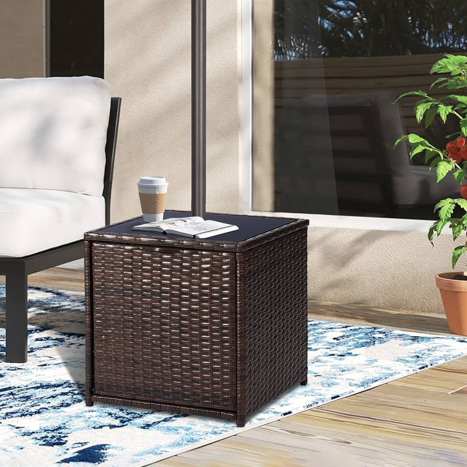 SUNNYPARK table with umbrella in use keeping drinks shaded and accessible