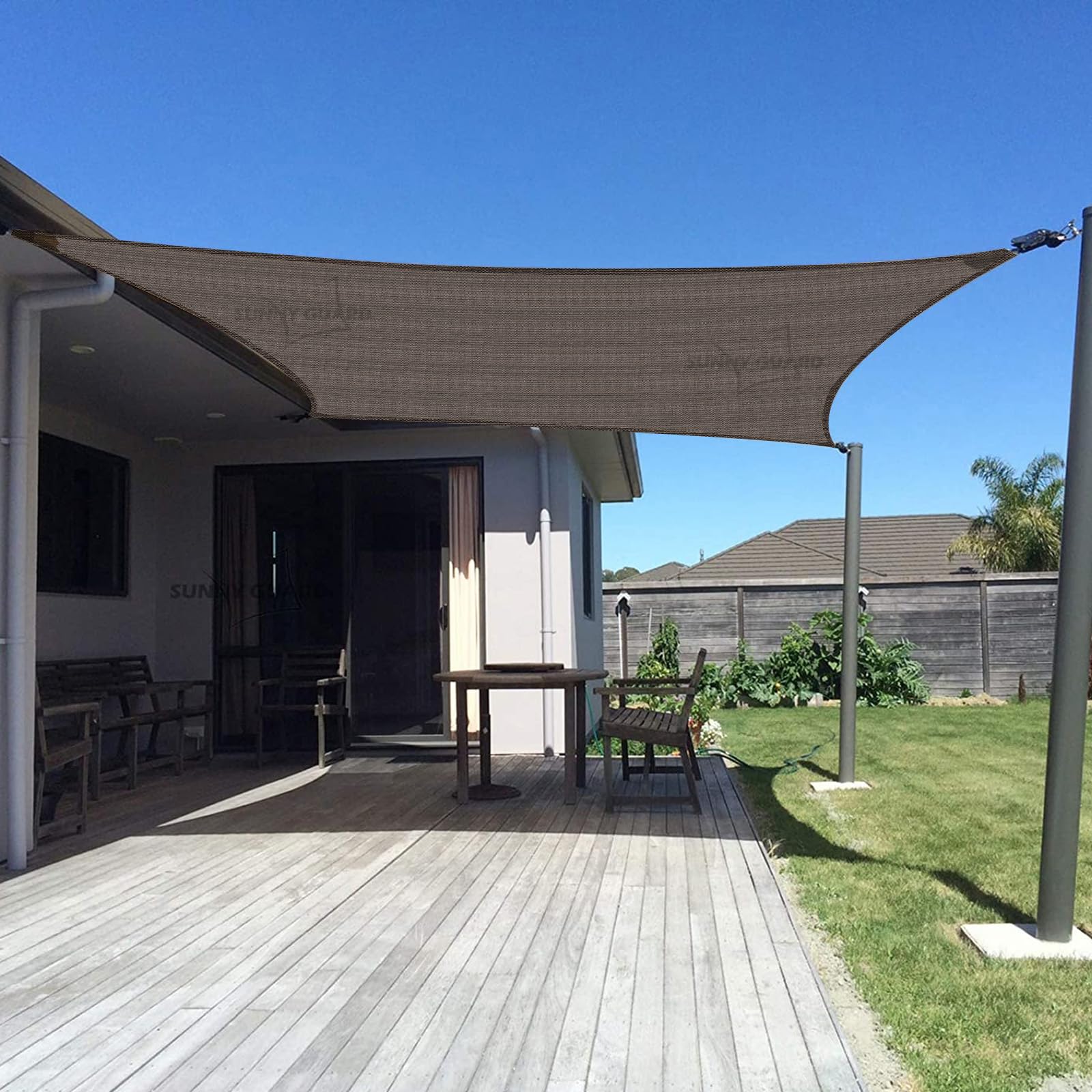 SUNNY GUARD front view of 10x13 rectangle shade sail showing clean edges and coverage