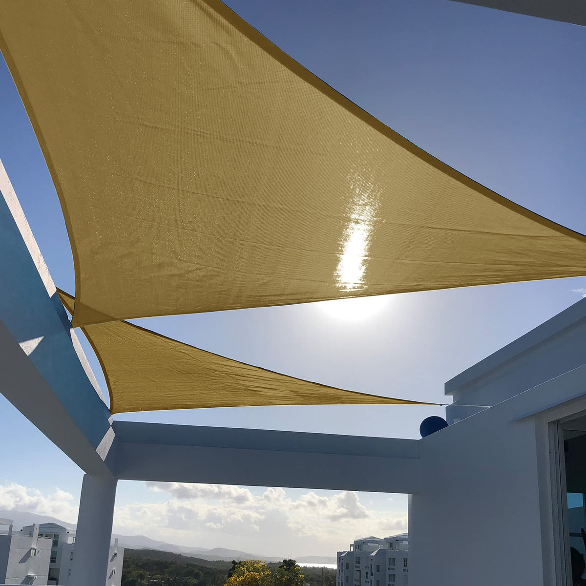 SUNNY GUARD front view of 16' triangle shade sail showing full canopy and coverage benefit