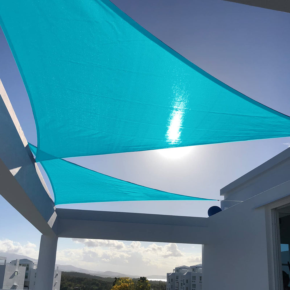 SUNNY GUARD front view of triangle shade sail showing full coverage benefit