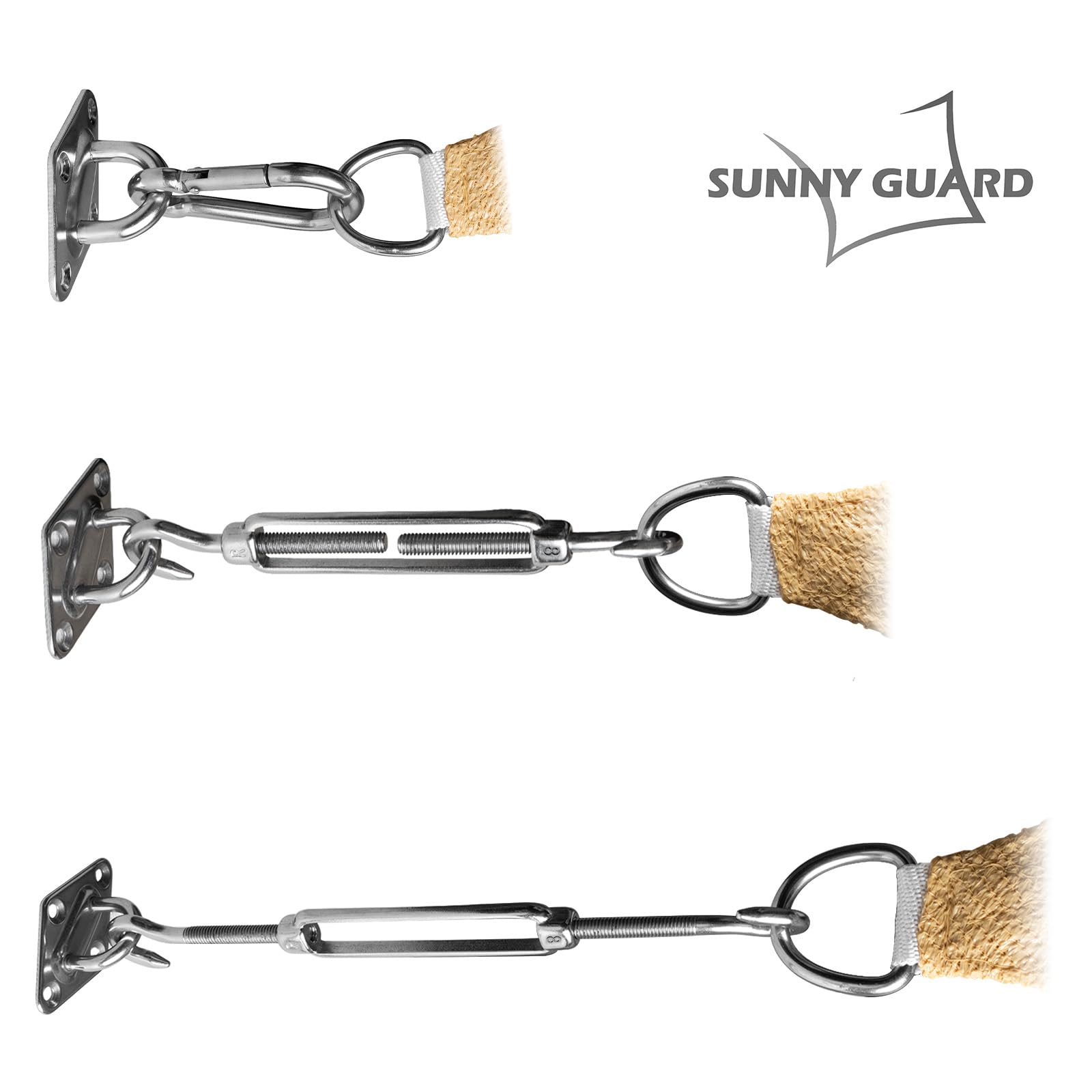 SUNNY GUARD turnbuckle detail demonstrating adjustable tensioning advantage