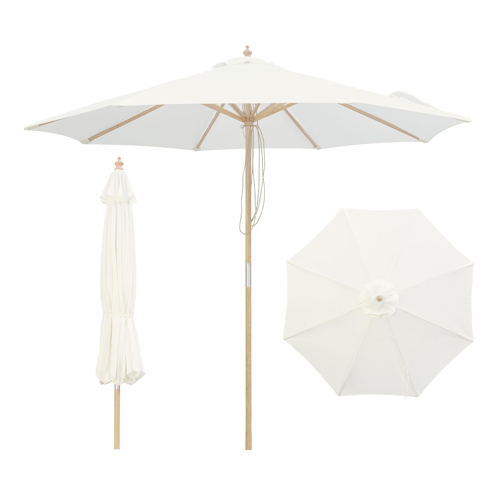 SUNNYARD front view of 9ft wood umbrella showing full shade coverage