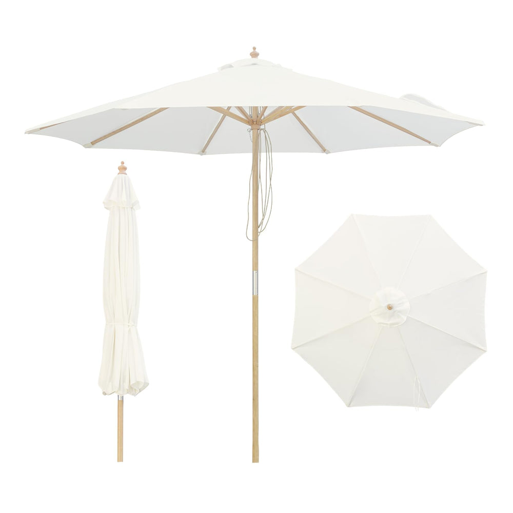 SUNNYARD front view of 9ft wood umbrella showing full shade coverage