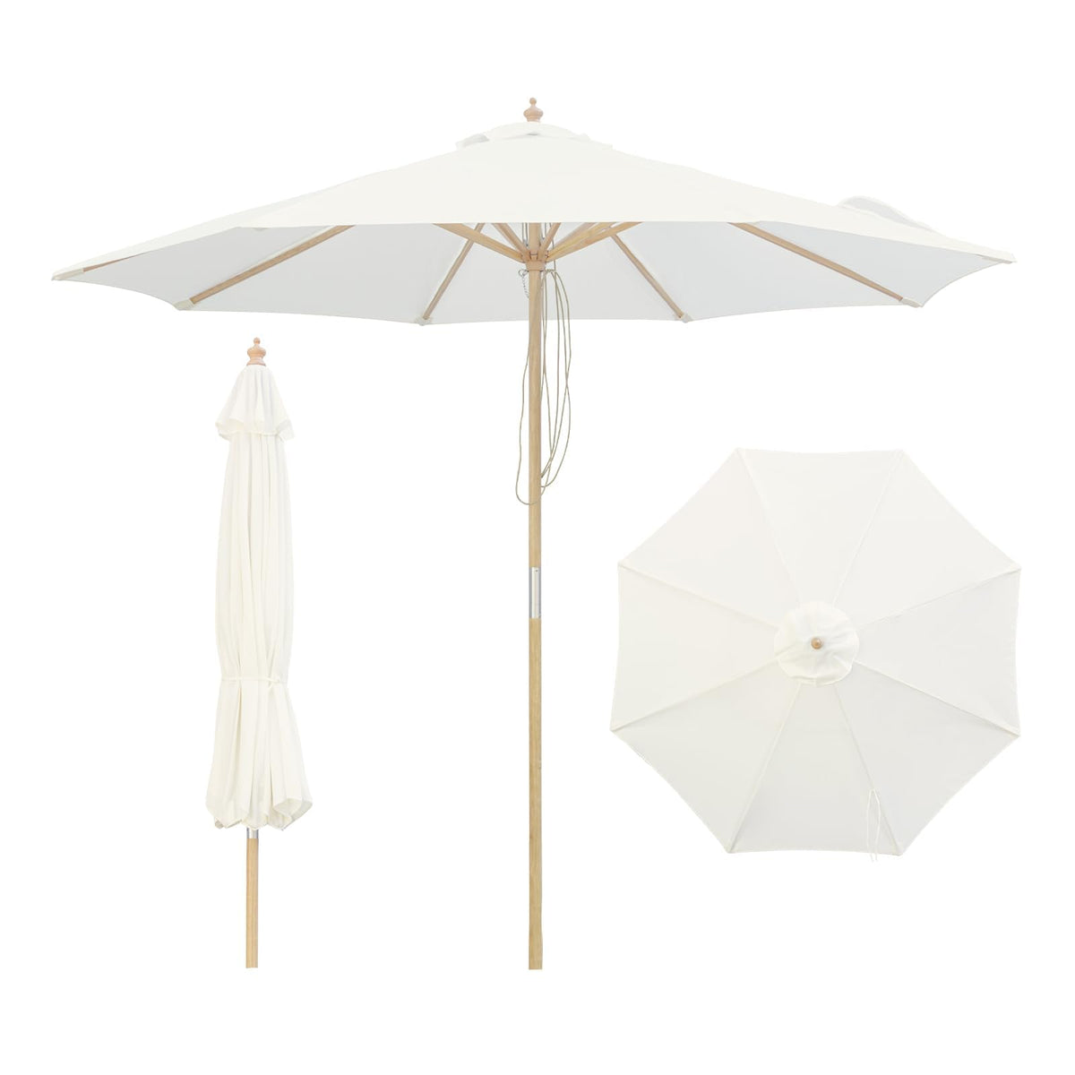 SUNNYARD front view of 9ft wood umbrella showing full shade coverage