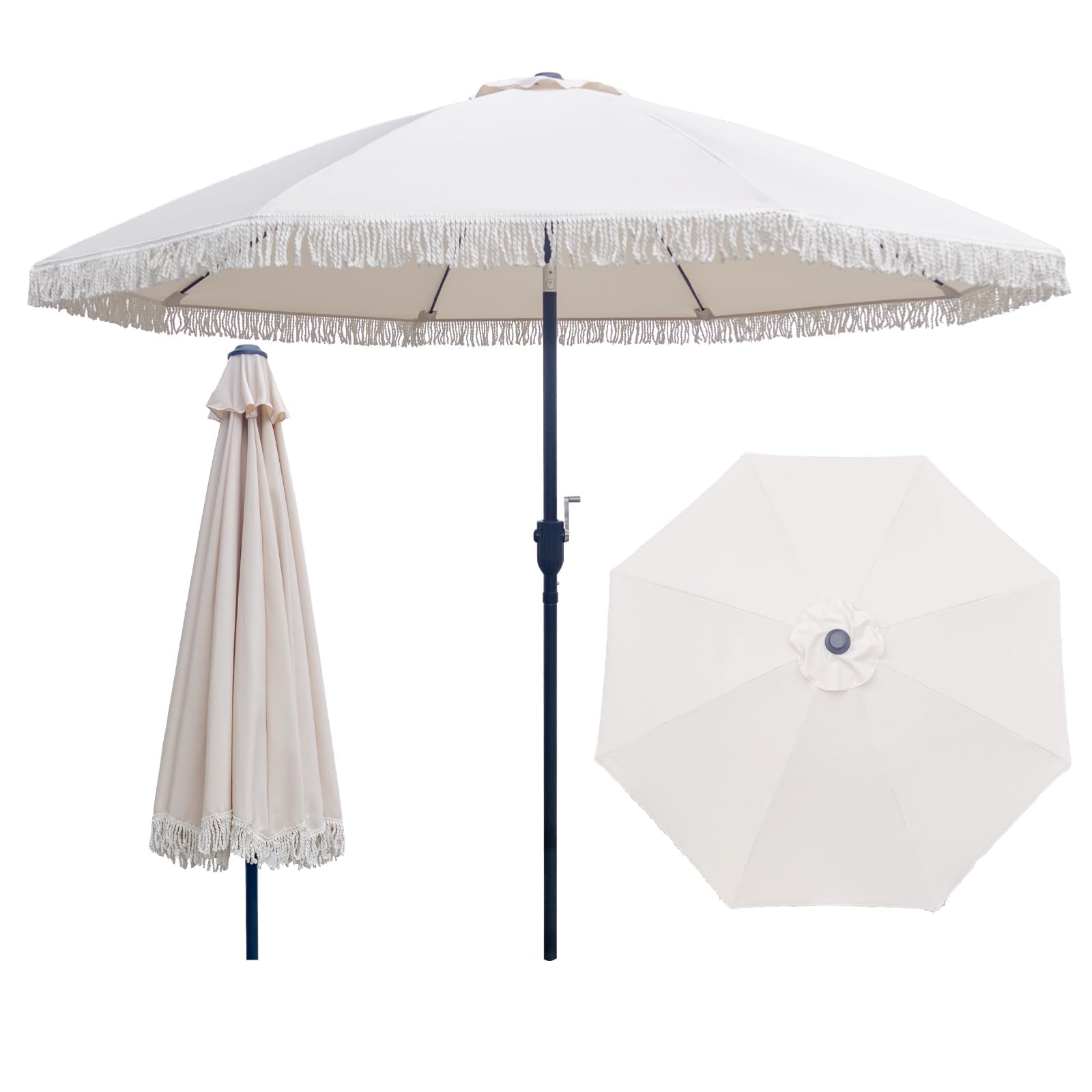 SUNNYARD front view showcasing fringe and full canopy for stylish shade