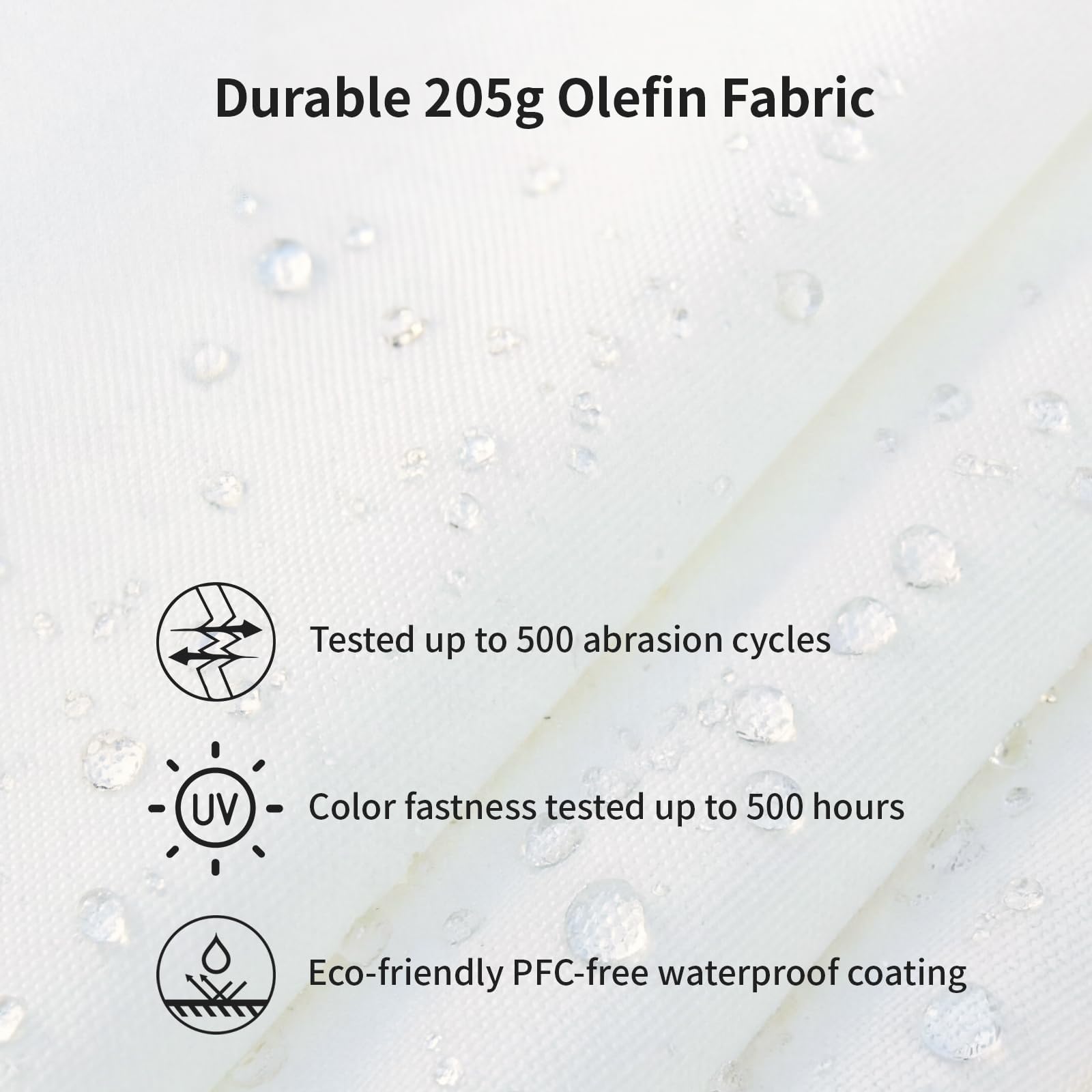 SUNNYARD olefin canopy texture highlighting water resistance benefit