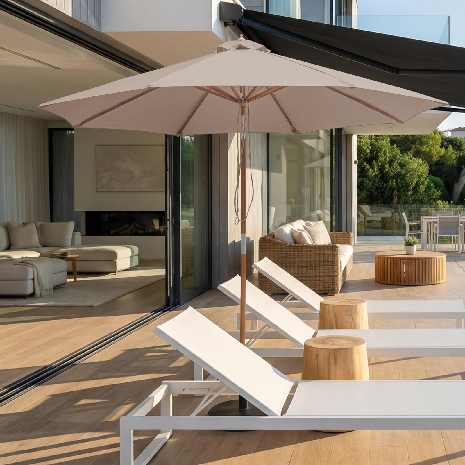 SUNNYARD 10ft umbrella covering six chairs showing generous coverage benefit