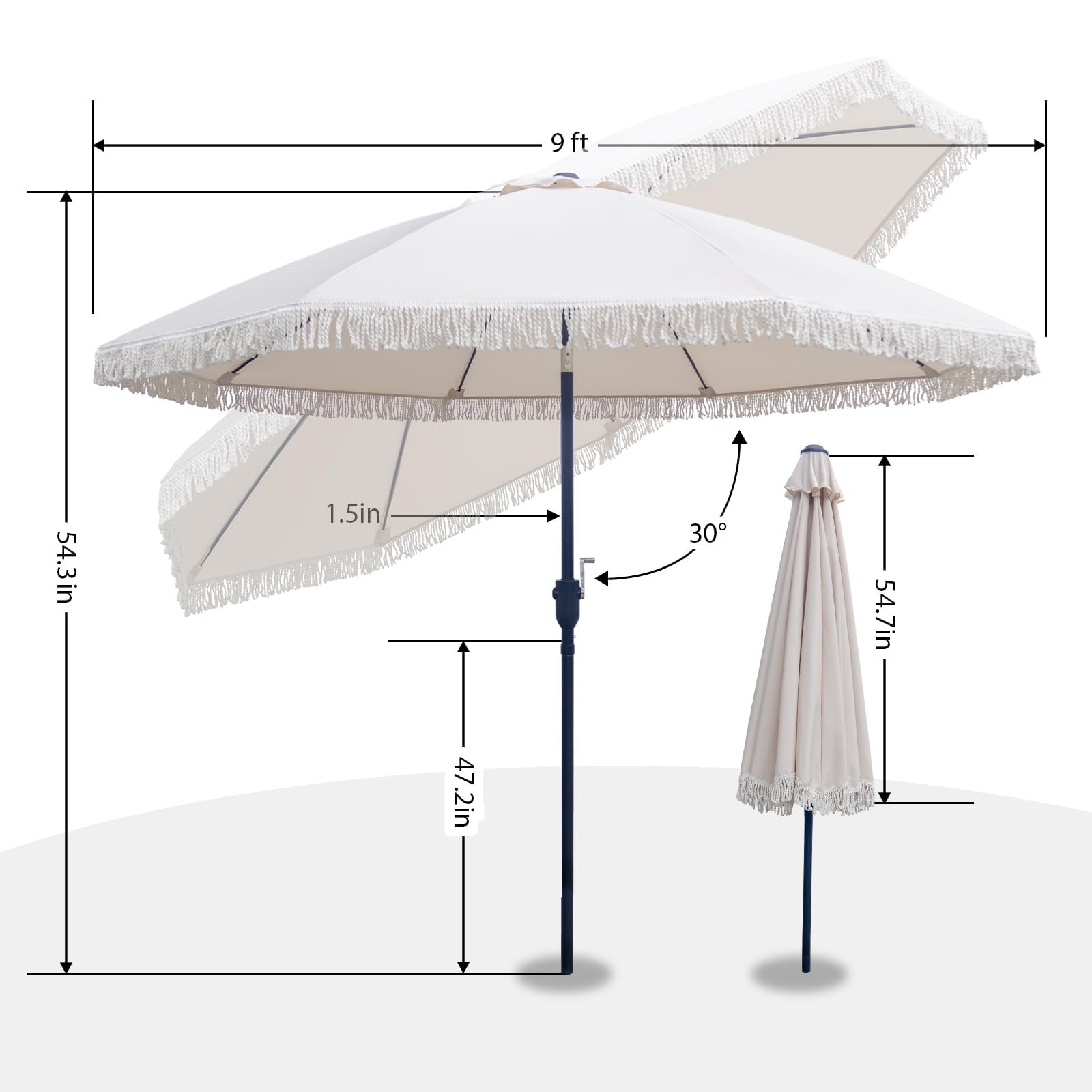 SUNNYARD umbrella over table to illustrate nine-foot coverage and scale