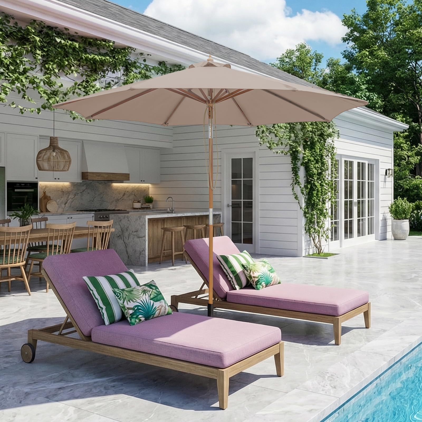 SUNNYARD umbrella next to chair showing size and scale for outdoor spaces