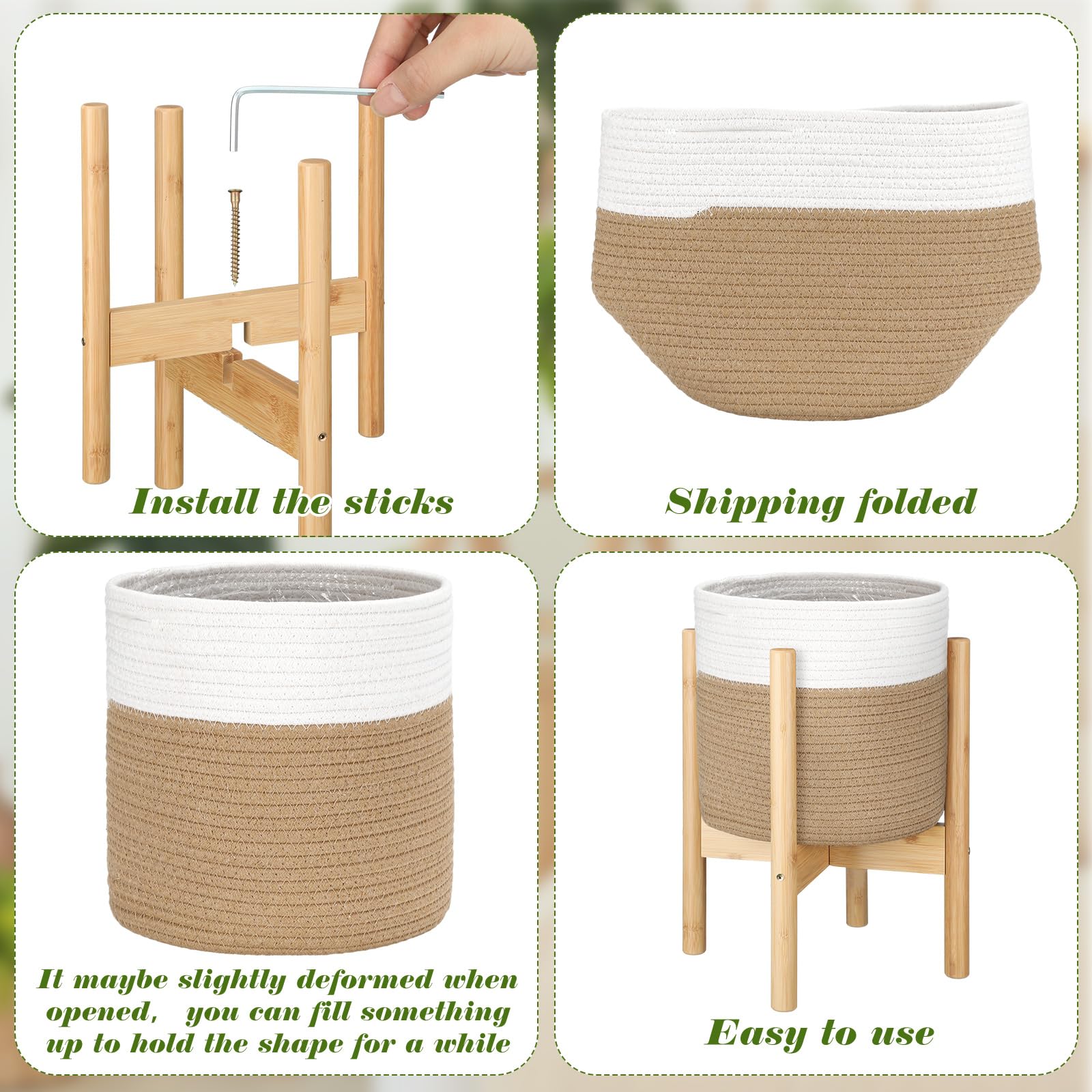 Sunnychicc bamboo stand assembled under basket providing raised, stable plant support