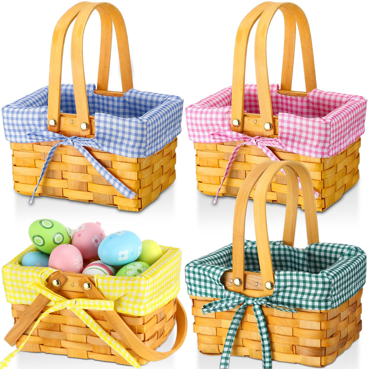 Sunnychicc front view of four plaid-lined baskets showing variety and gift readiness
