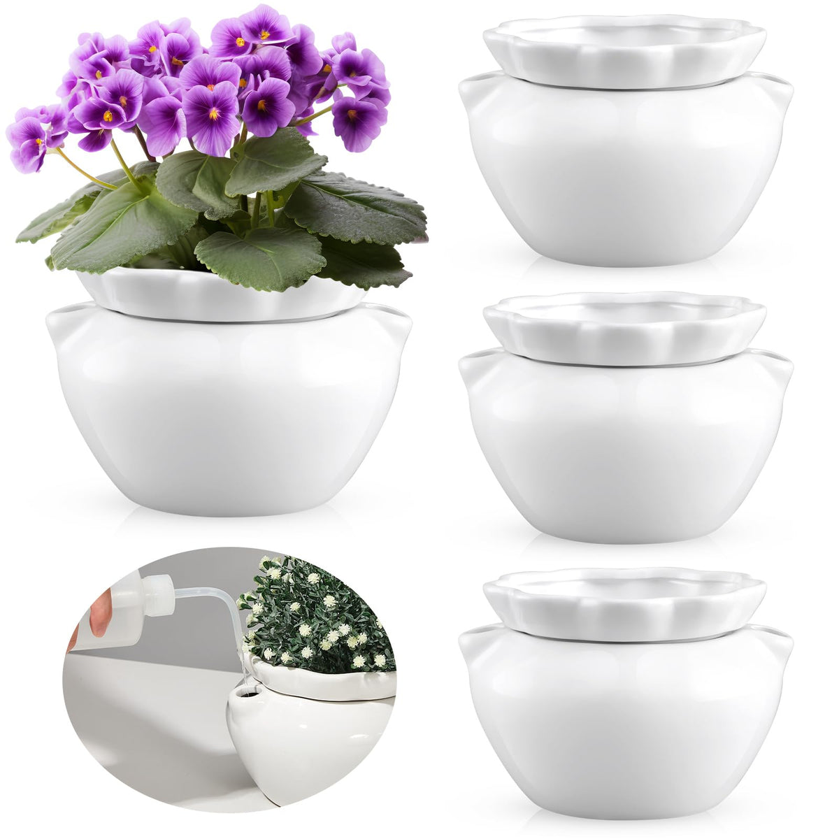 Sunnychicc front view of four white ceramic pots showing elegant styling and convenience