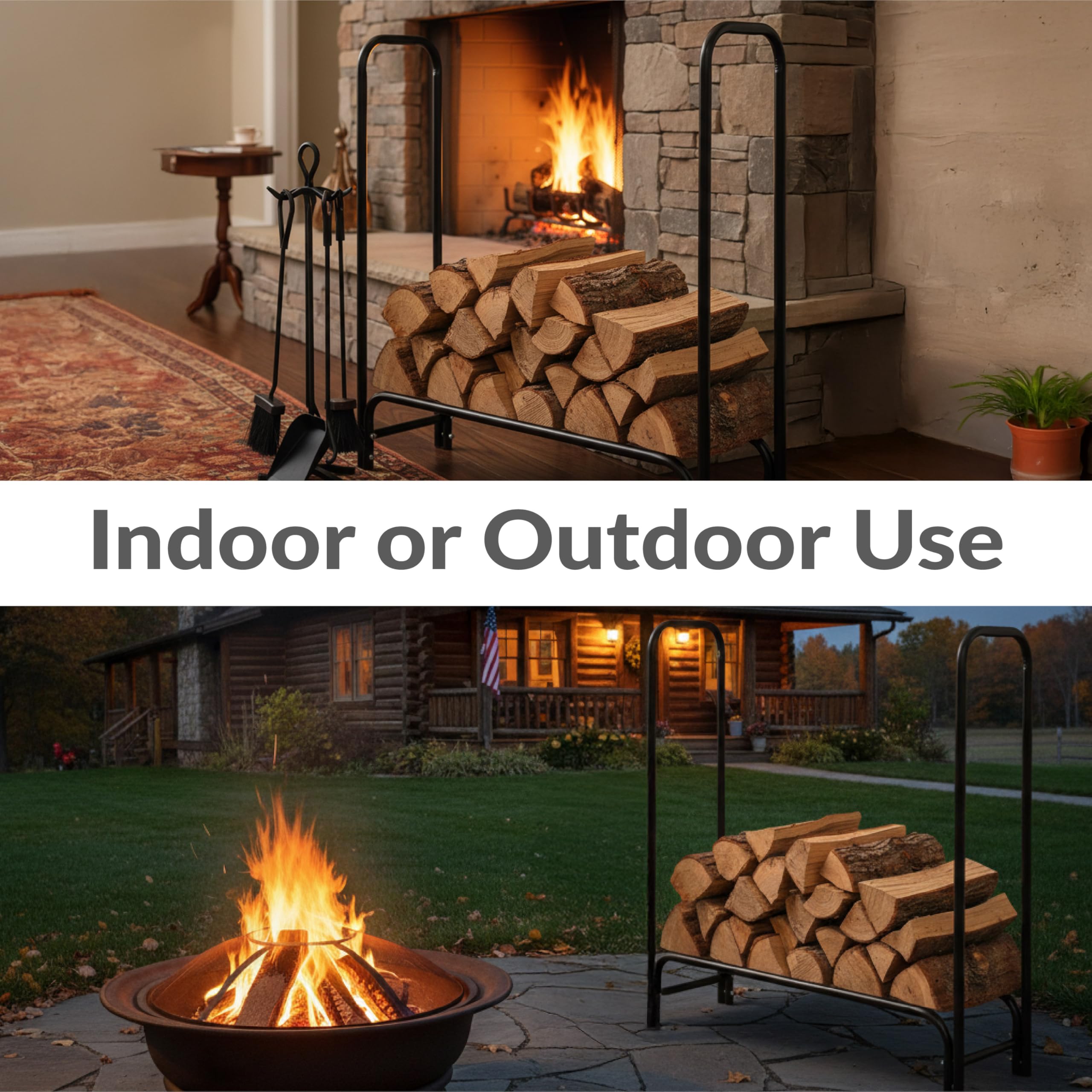 Sunnydaze rack next to backyard firepit showcasing outdoor convenience