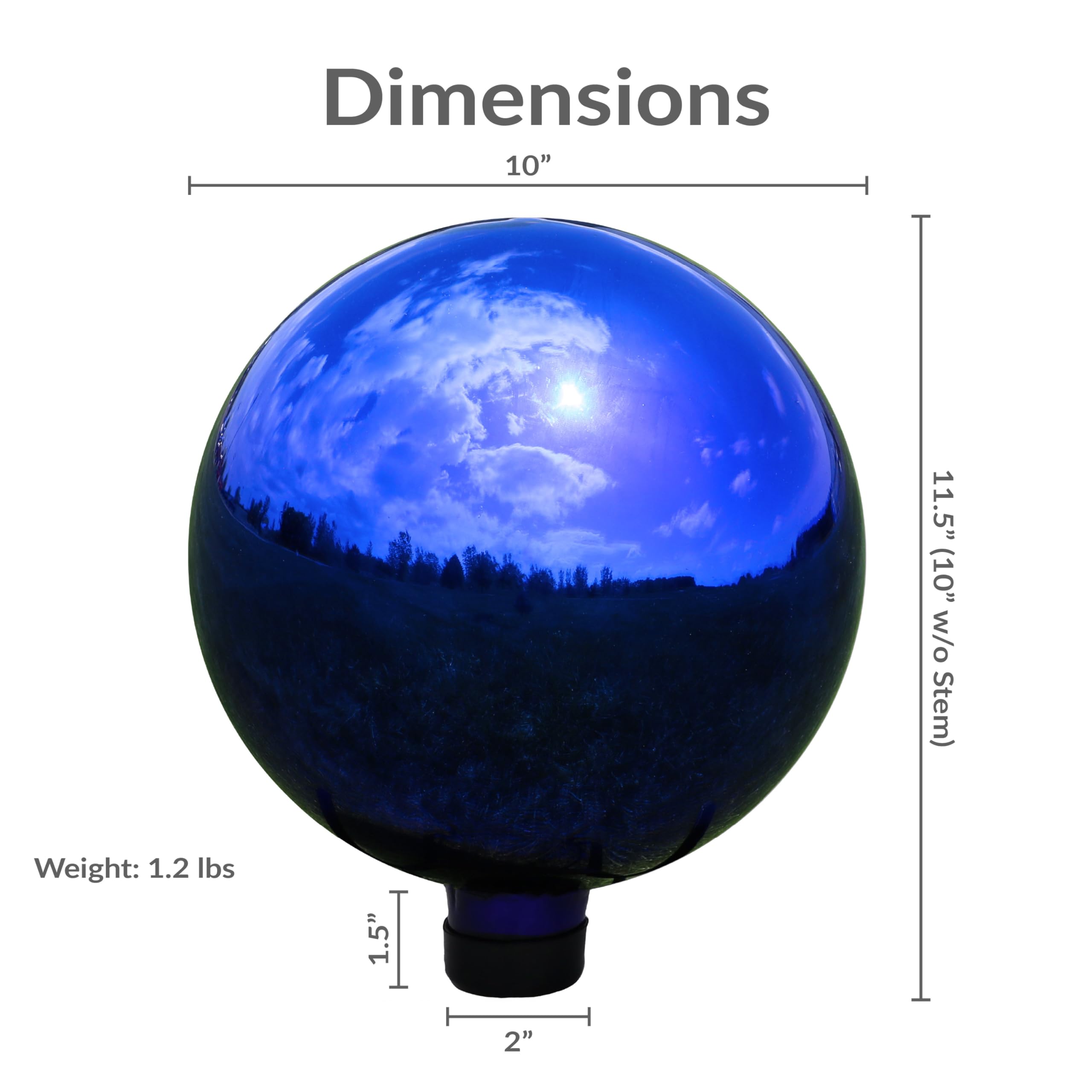 Sunnydaze blue gazing ball next to a ruler showing 10-inch scale benefit