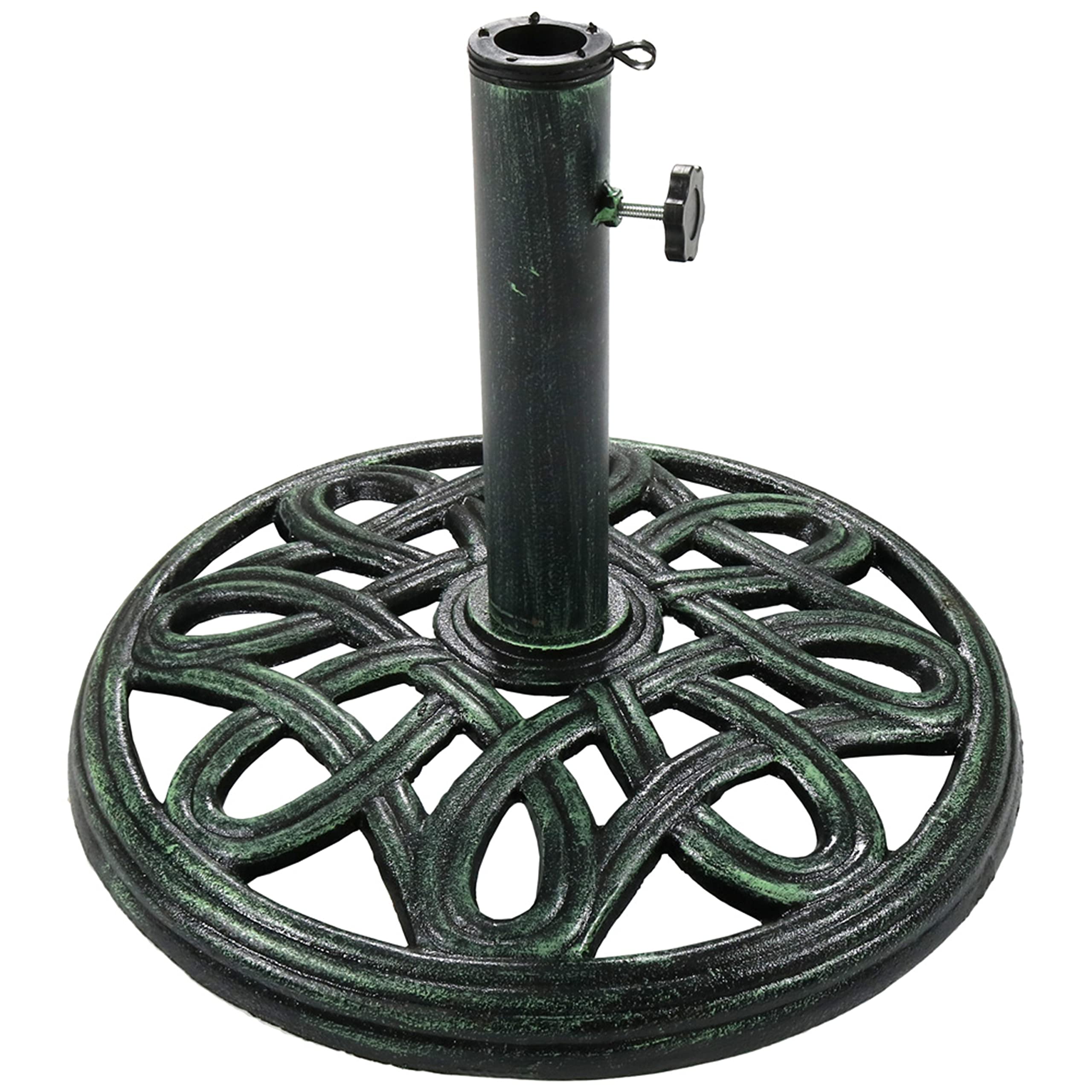 Sunnydaze Decor cast iron base front view showing sturdy green finish and compact shape