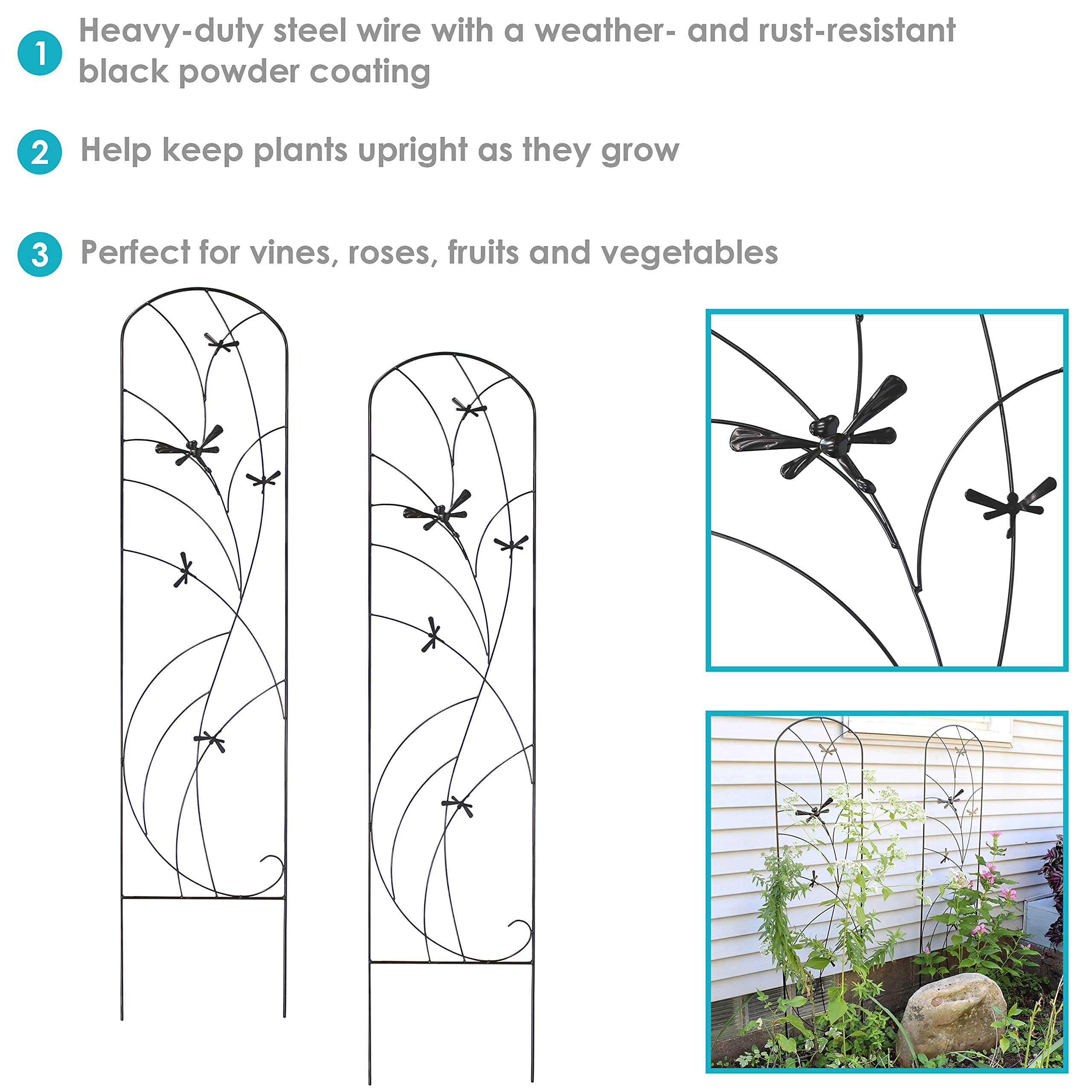 Sunnydaze close-up of dragonfly and swirl detail on trellis highlighting decorative garden accent