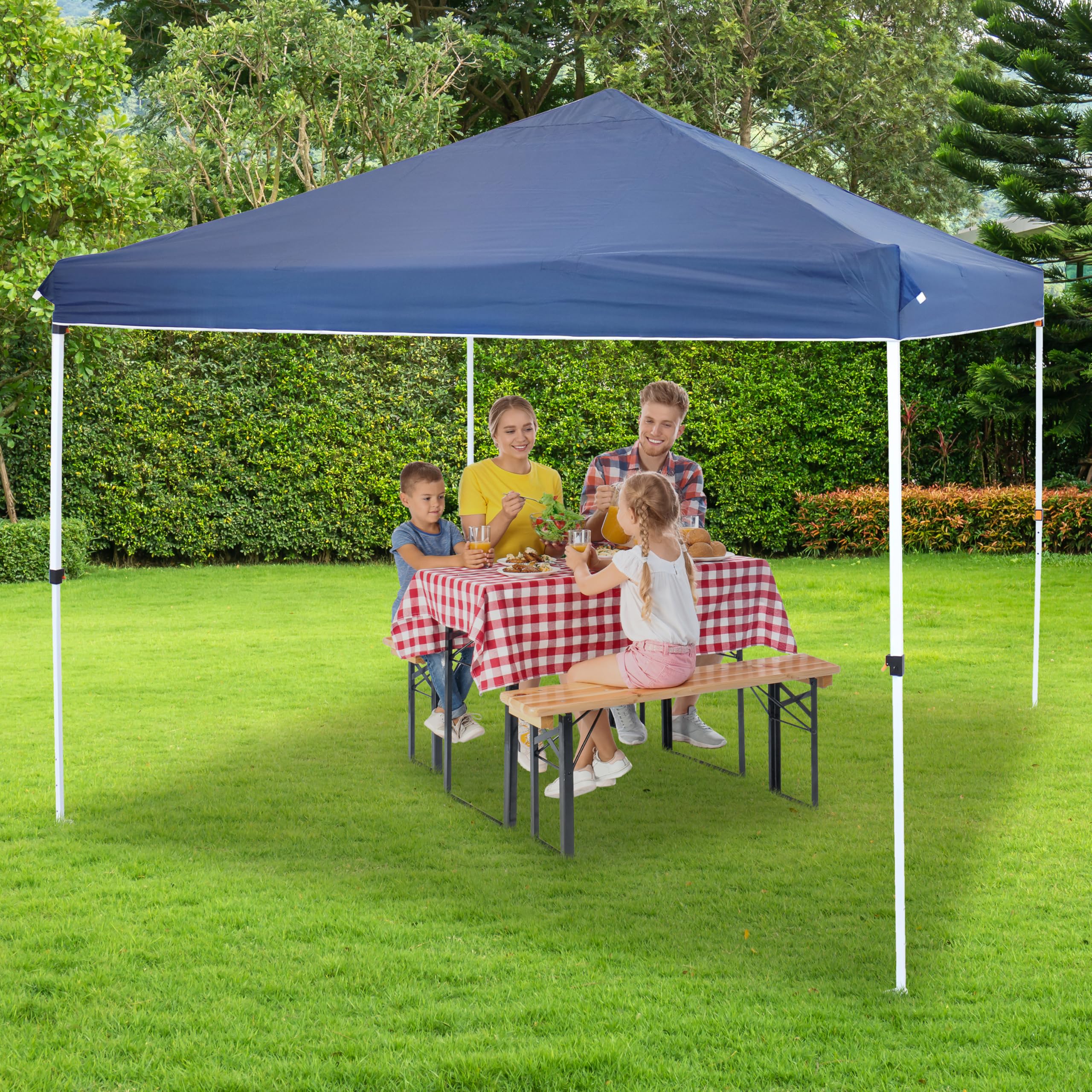 Sunnydaze canopy blue fabric lit by sun showing colorfast outdoor performance