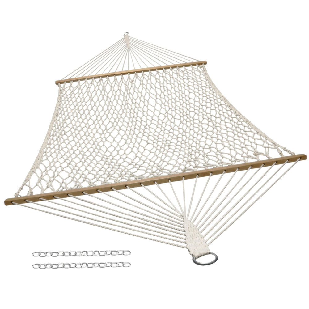 Sunnydaze front view showing full double hammock and spreader bars for comfortable lounging