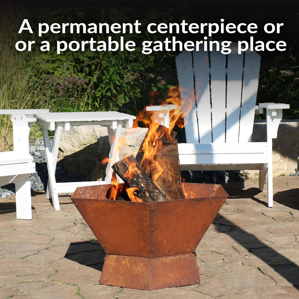 Sunnydaze fire bowl depth and pedestal visible for safe, contained flames