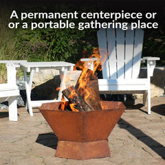 Sunnydaze fire bowl depth and pedestal visible for safe, contained flames