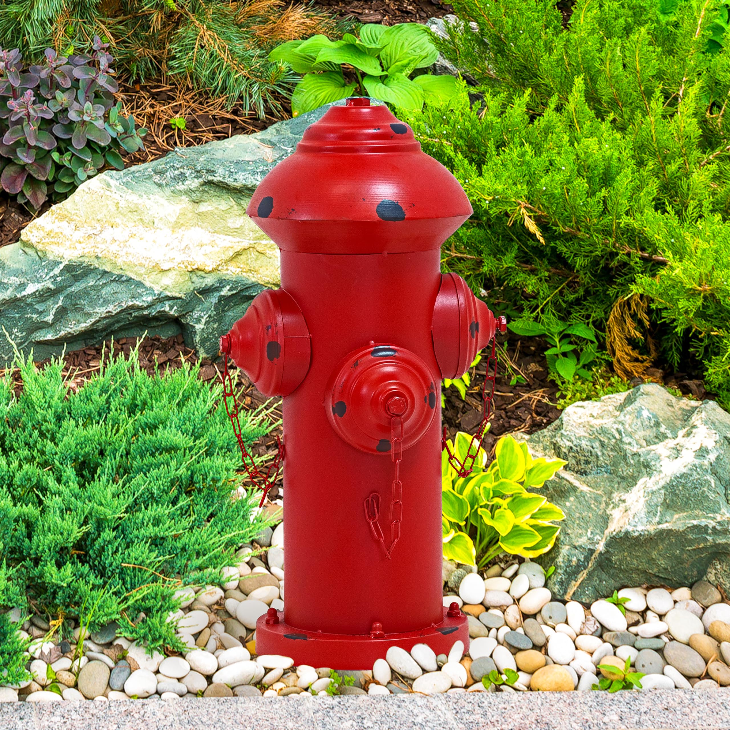 Sunnydaze hydrant staged indoors as playful firefighter-themed decor