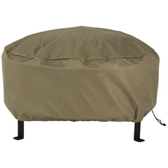Sunnydaze front view of khaki 36-inch fire pit cover protecting bowl