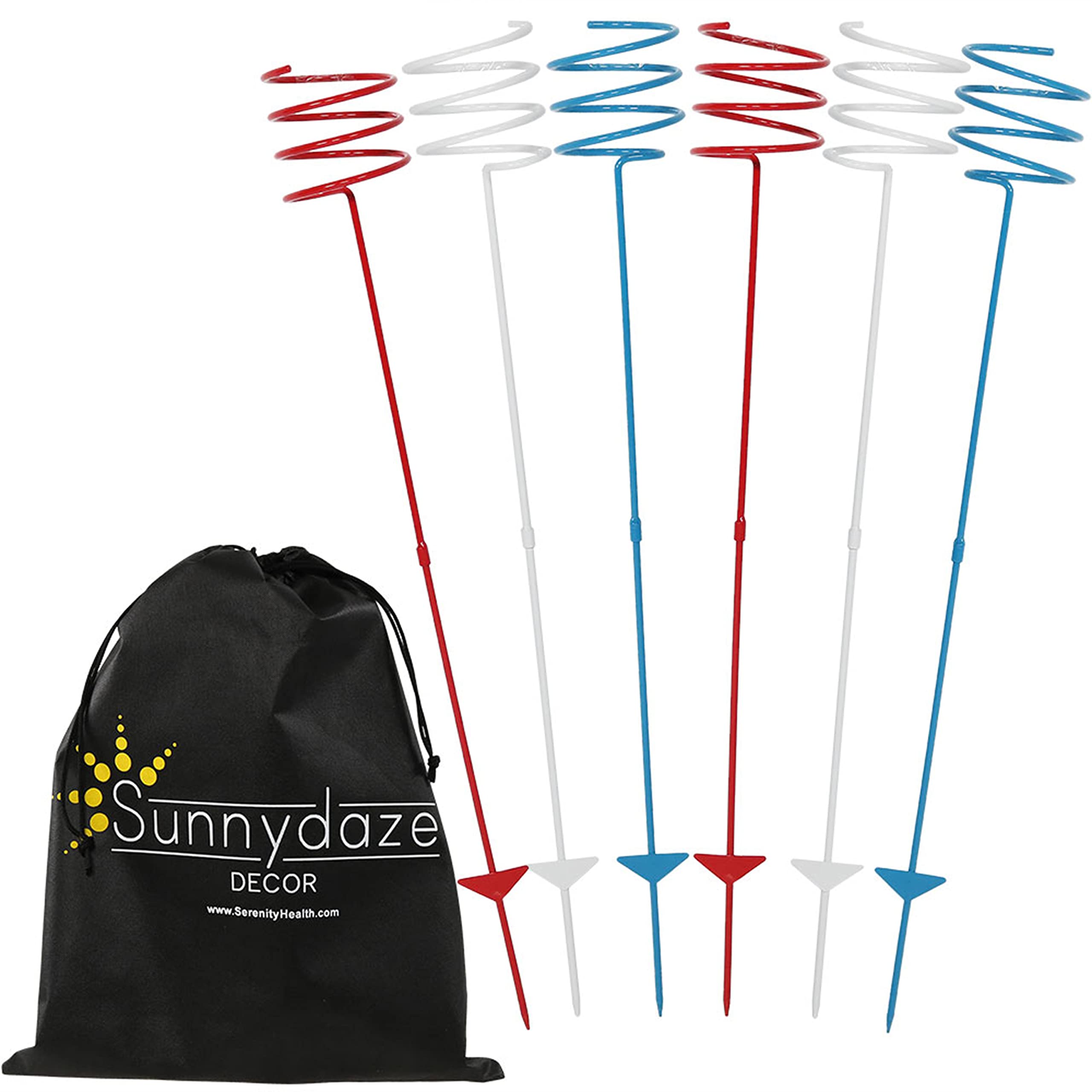 Sunnydaze front packaging showing six patriotic drink stakes and travel bag benefit