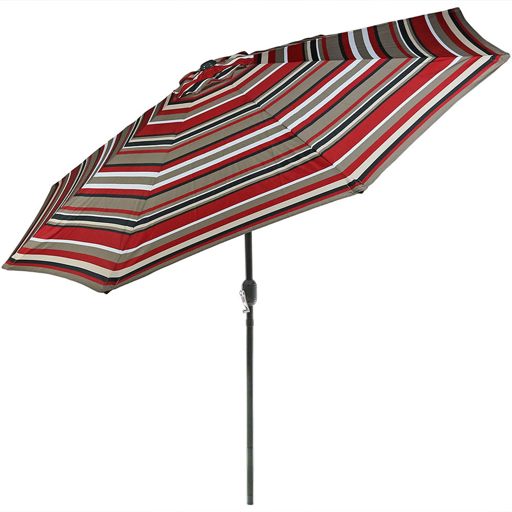 Sunnydaze front view of 9ft umbrella showing wide shade and classic stripe