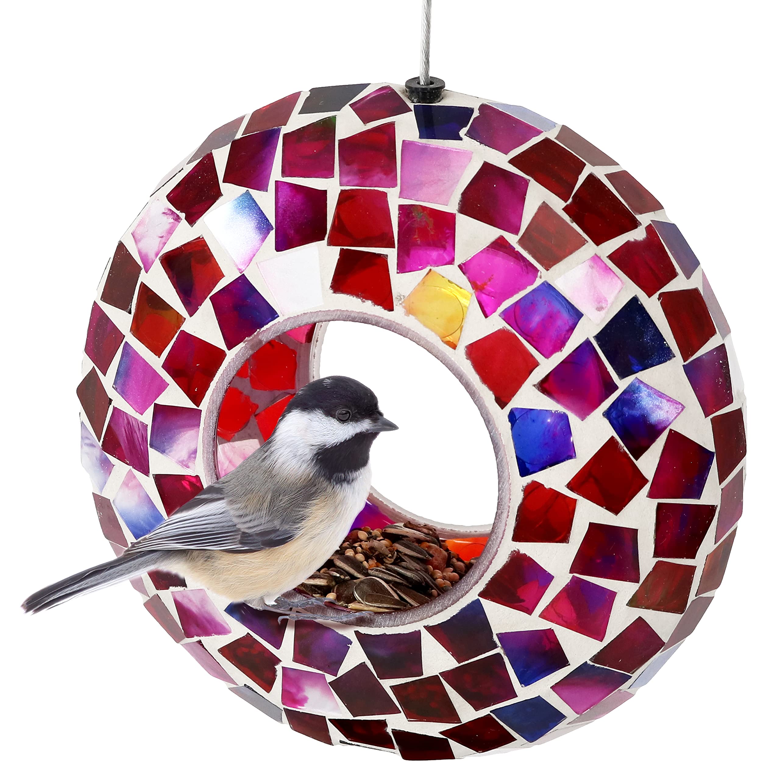 sunnydaze front view of crimson mosaic feeder showing vibrant finish and shape