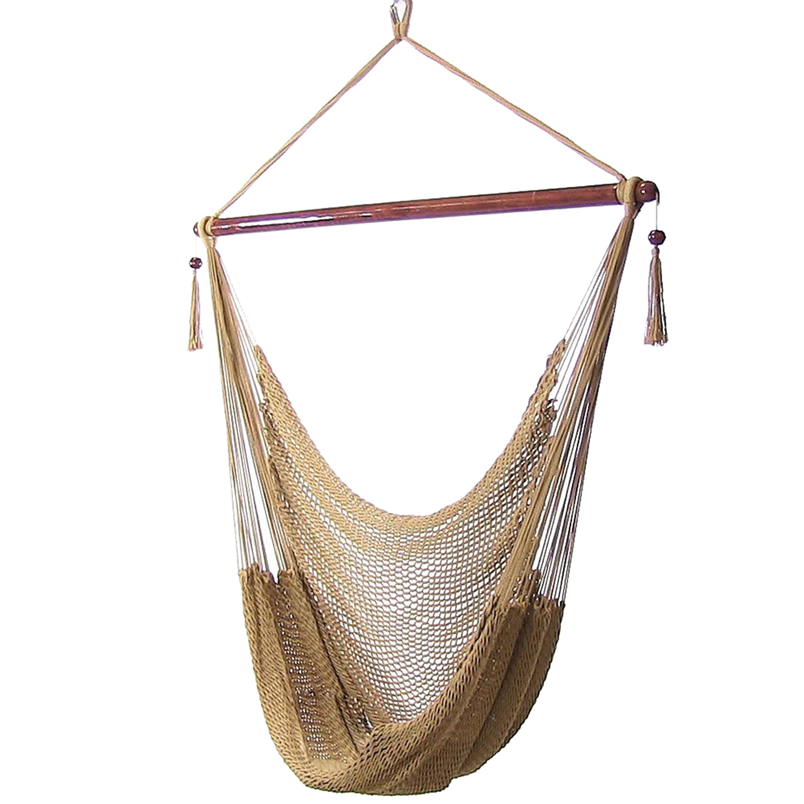 Sunnydaze front view hammock chair showing full tan seat and airy comfort