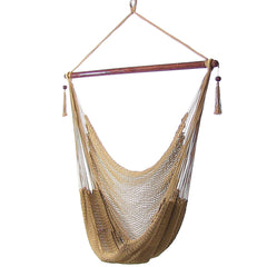 Sunnydaze front view hammock chair showing full tan seat and airy comfort