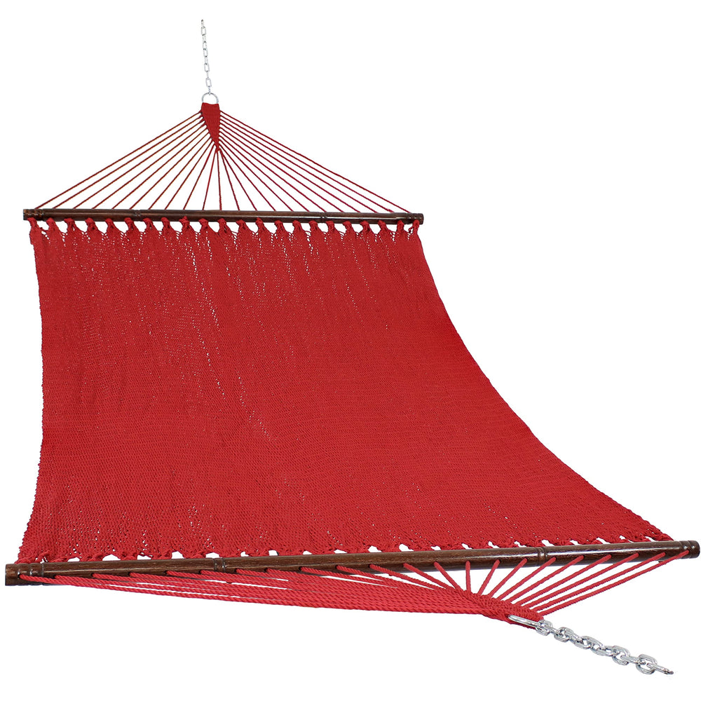 Sunnydaze front view of double rope hammock showing roomy two-person relaxation