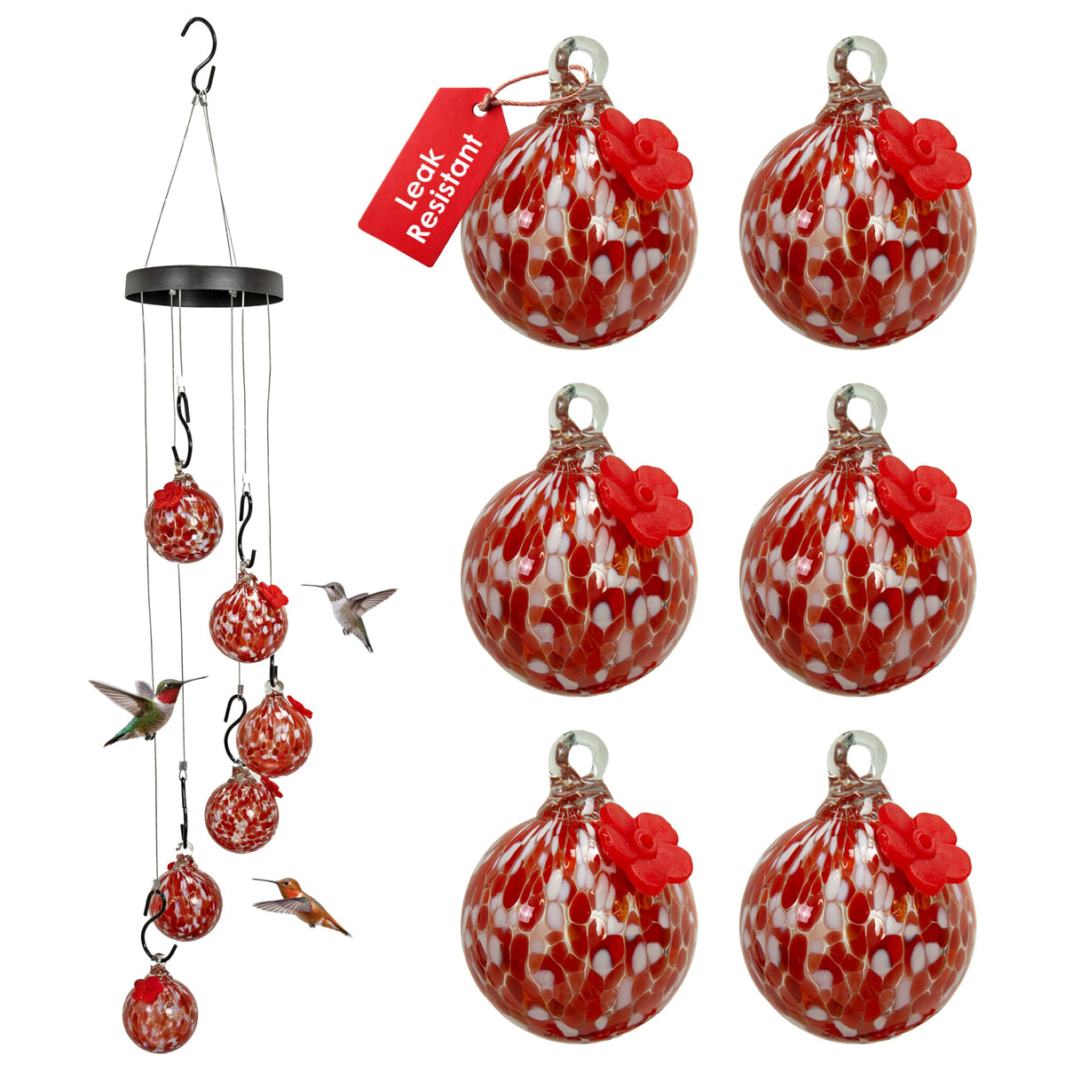 Sunnydaze front view of hanging glass mobile attracting hummingbirds