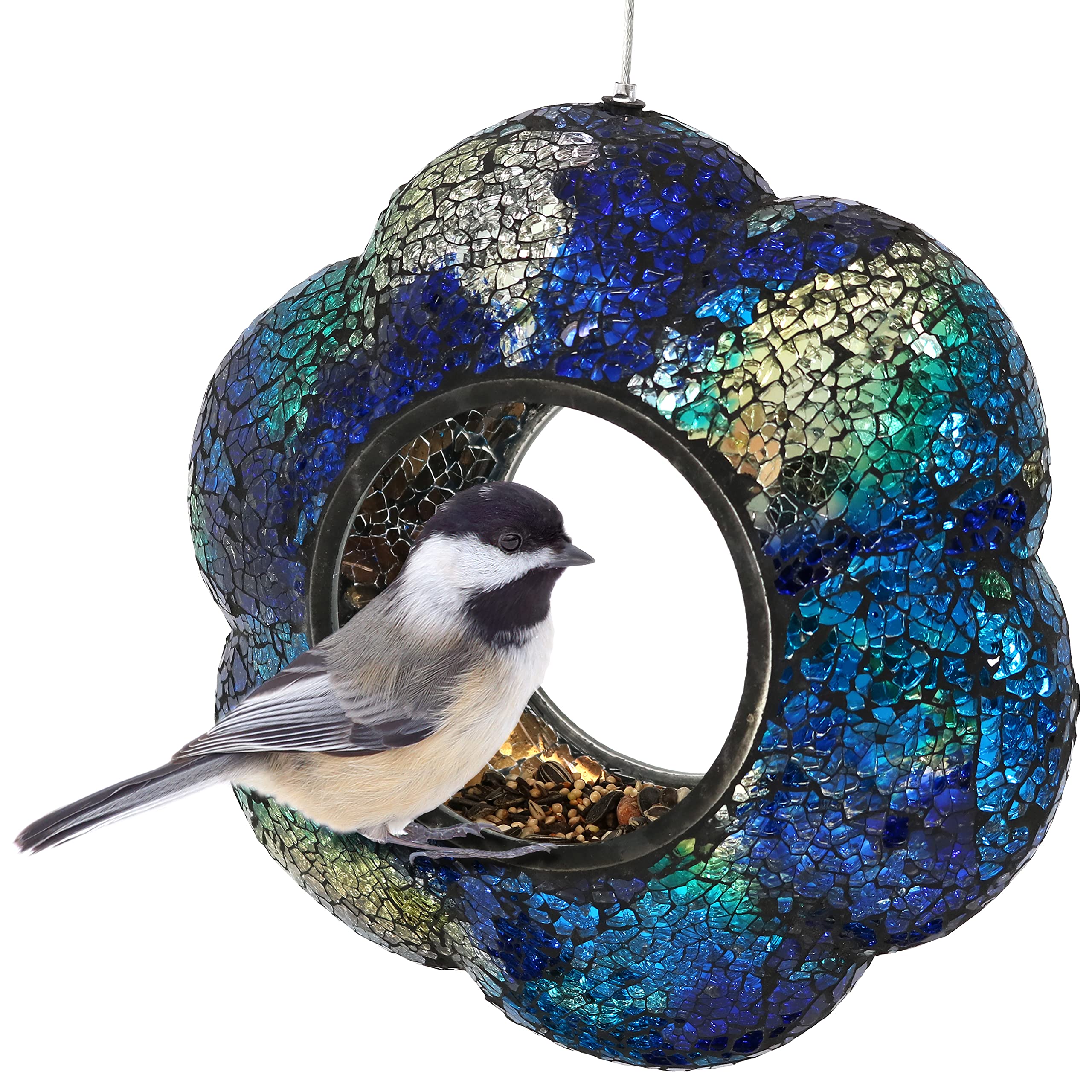 Sunnydaze front view of indigo flower mosaic feeder, enhances garden decor