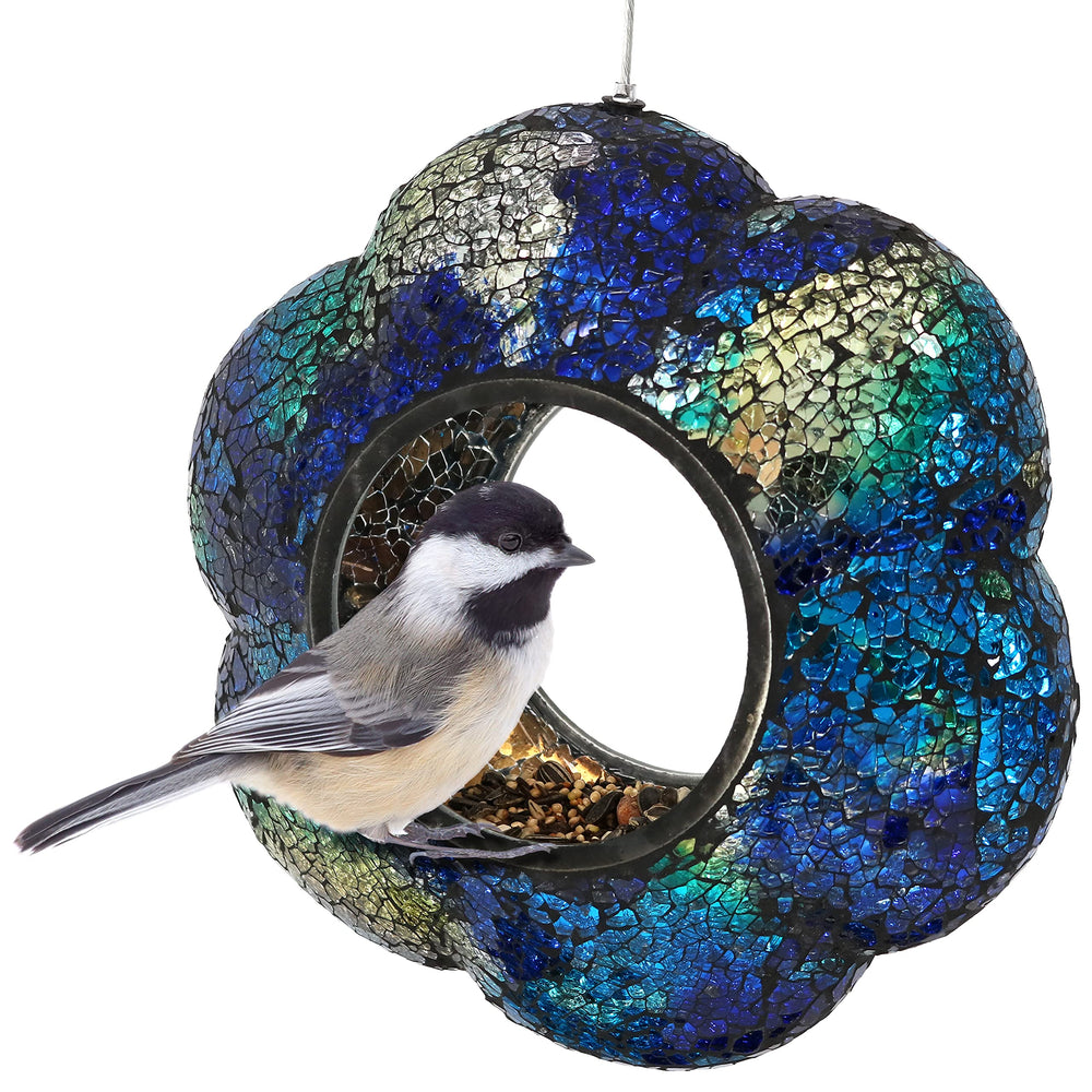 Sunnydaze front view of indigo flower mosaic feeder, enhances garden decor