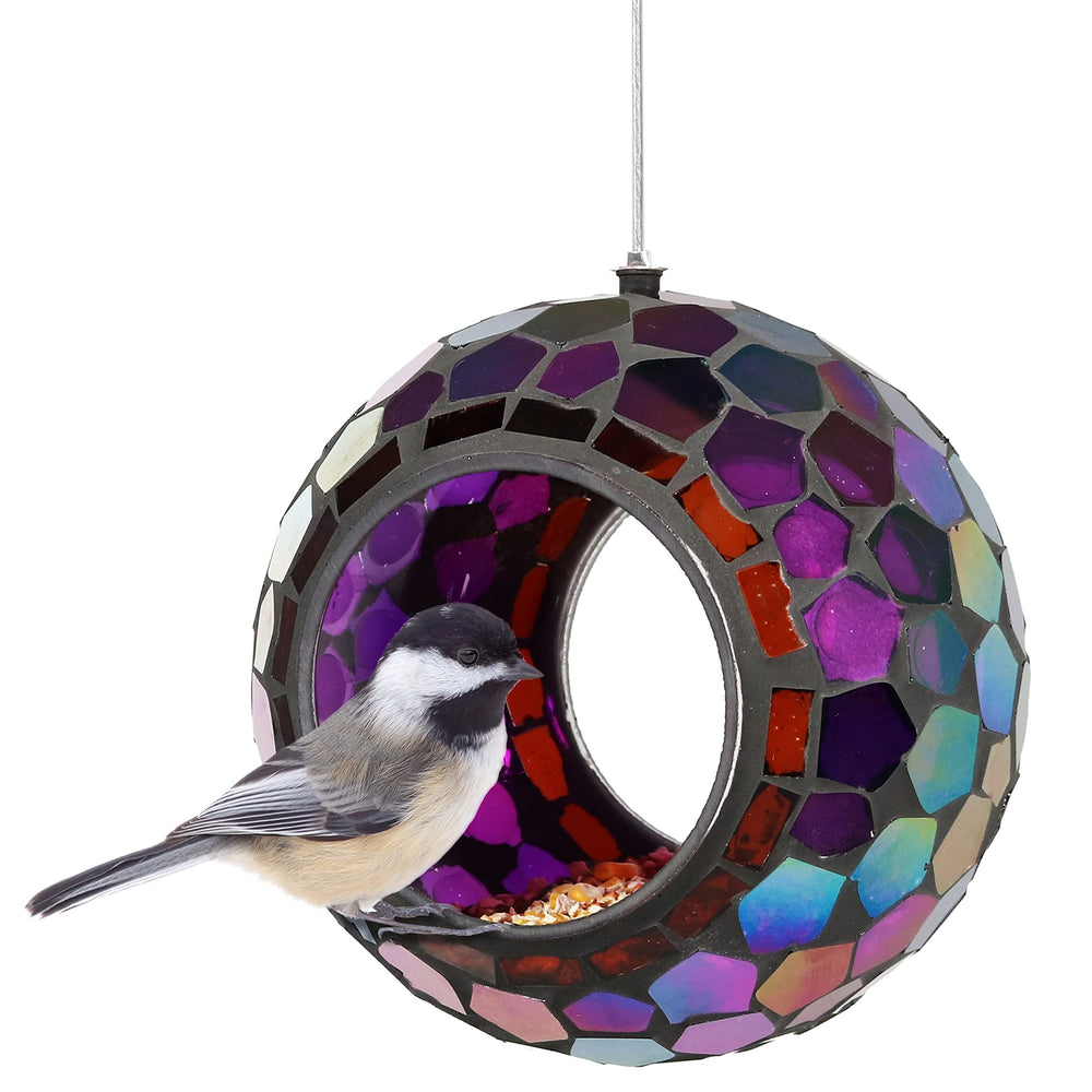 Sunnydaze front view of iridescent purple feeder showing attractive design and visibility