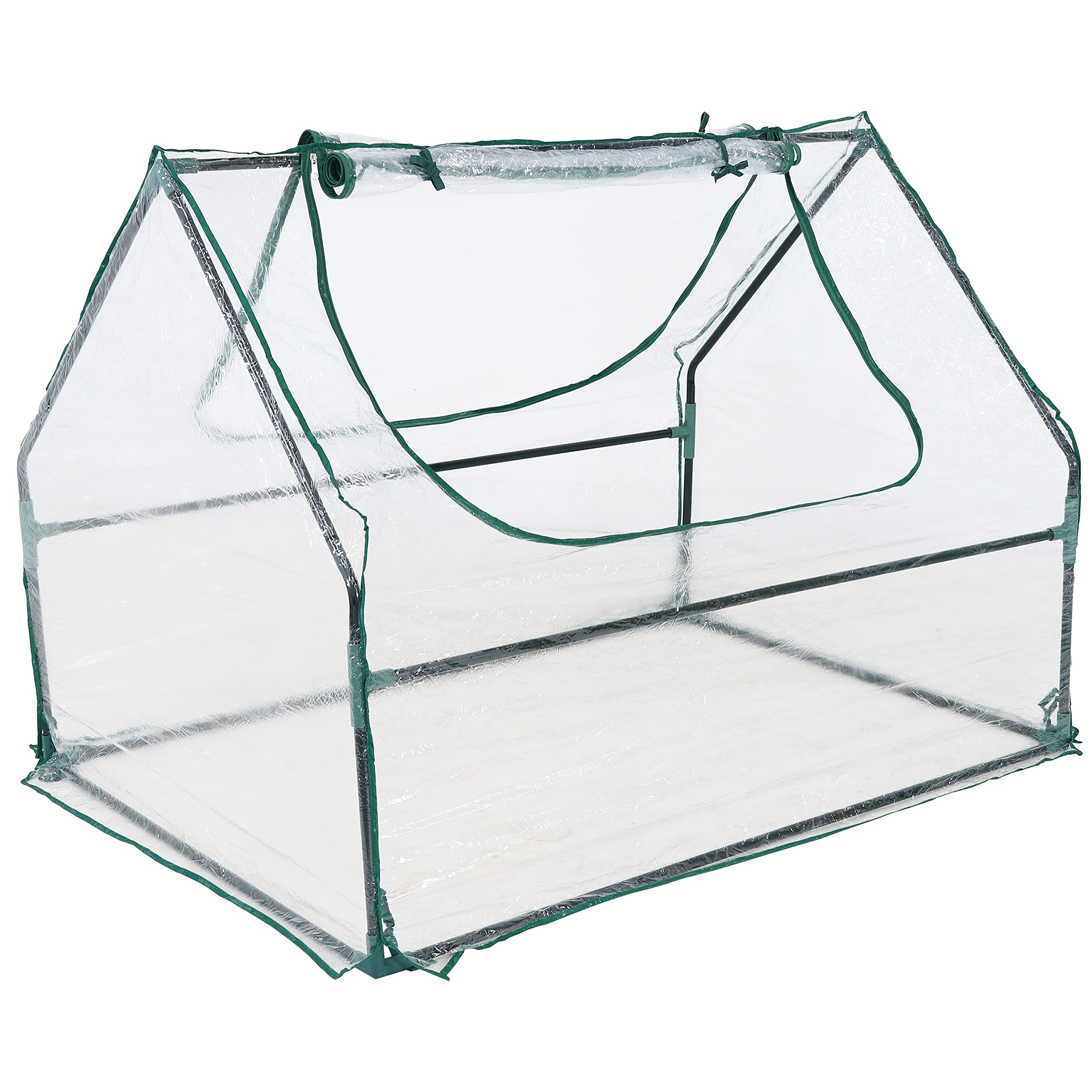 Sunnydaze front view of mini greenhouse showing compact footprint and clear PVC benefits