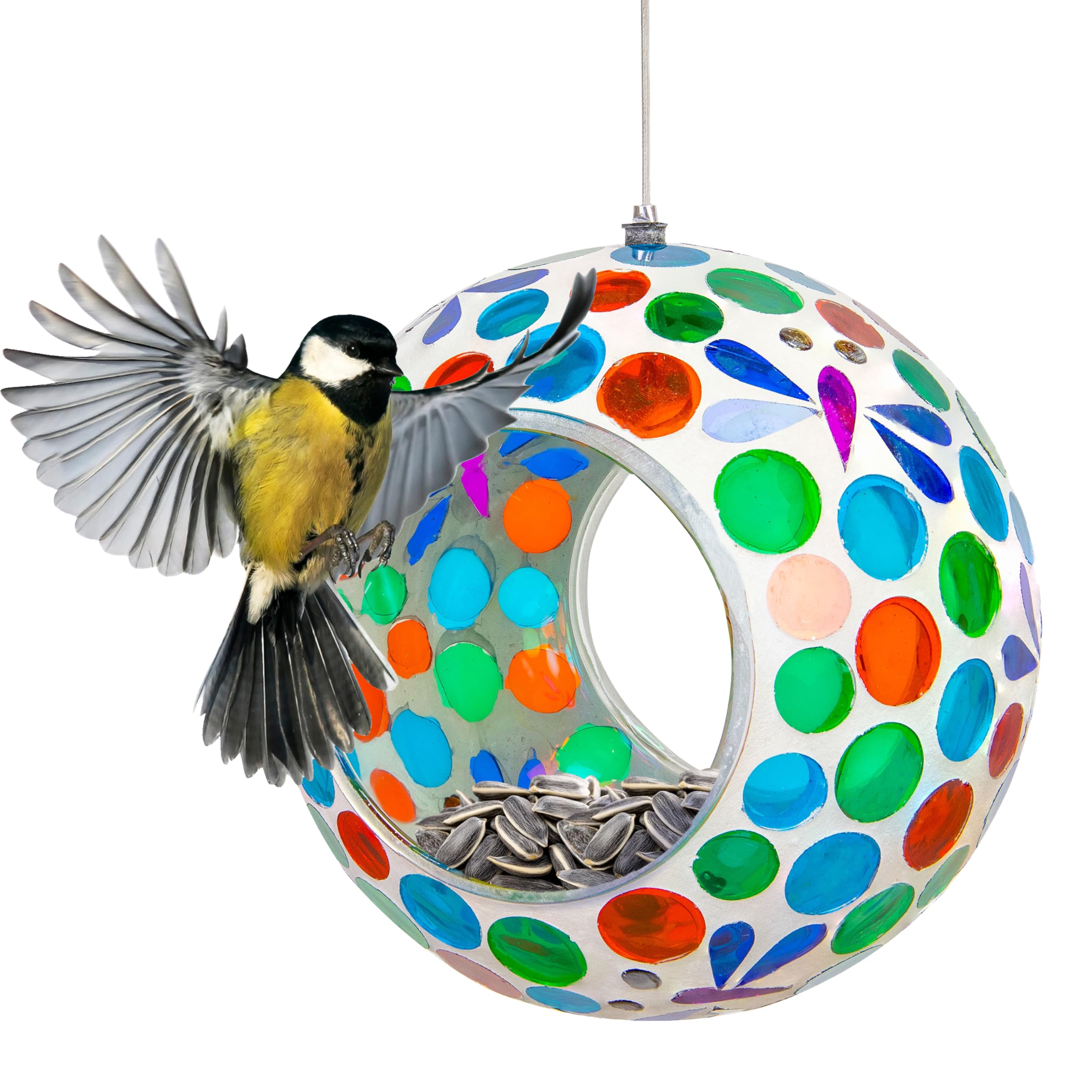 Sunnydaze front view showing colorful mosaic and inviting design for bird attraction