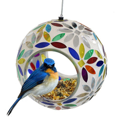 Sunnydaze front view showing rainbow daisies and colorful mosaic, attracts birds