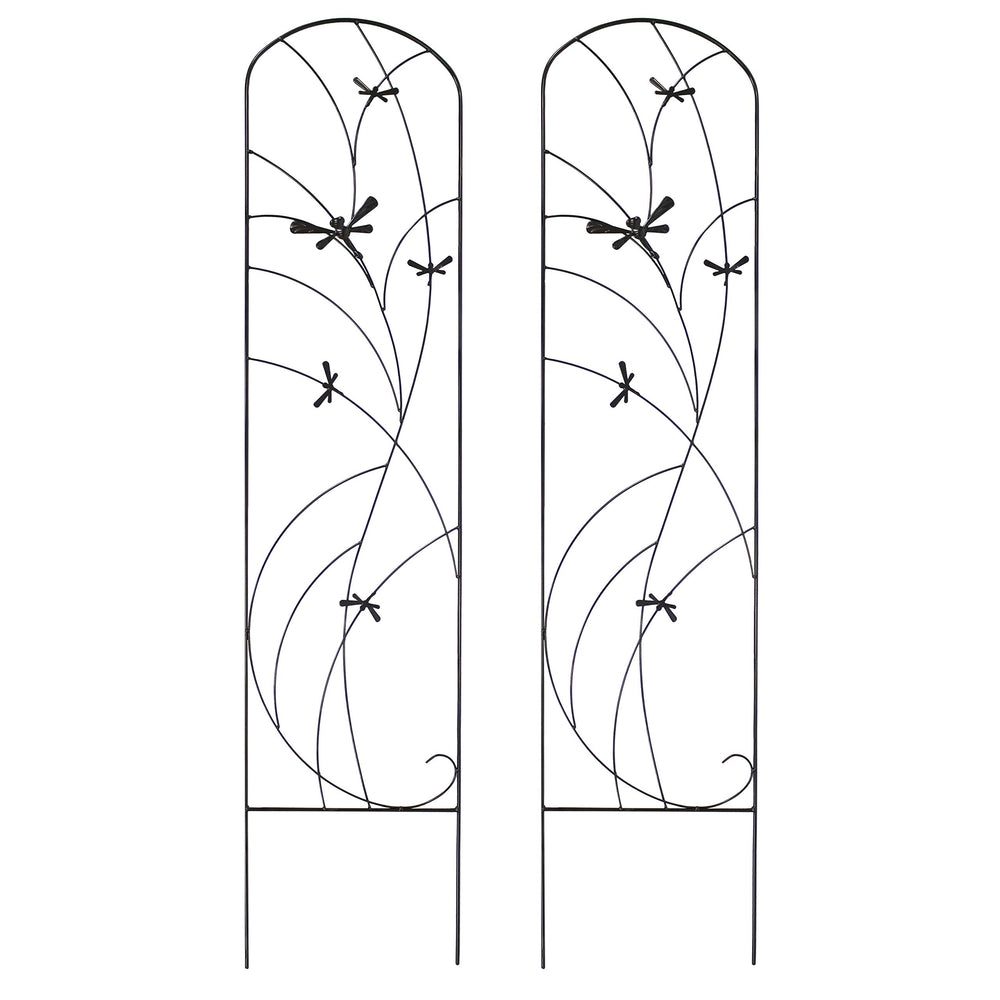 Sunnydaze front view of 56-inch black metal trellis 2-pack showing clean decorative silhouette and support