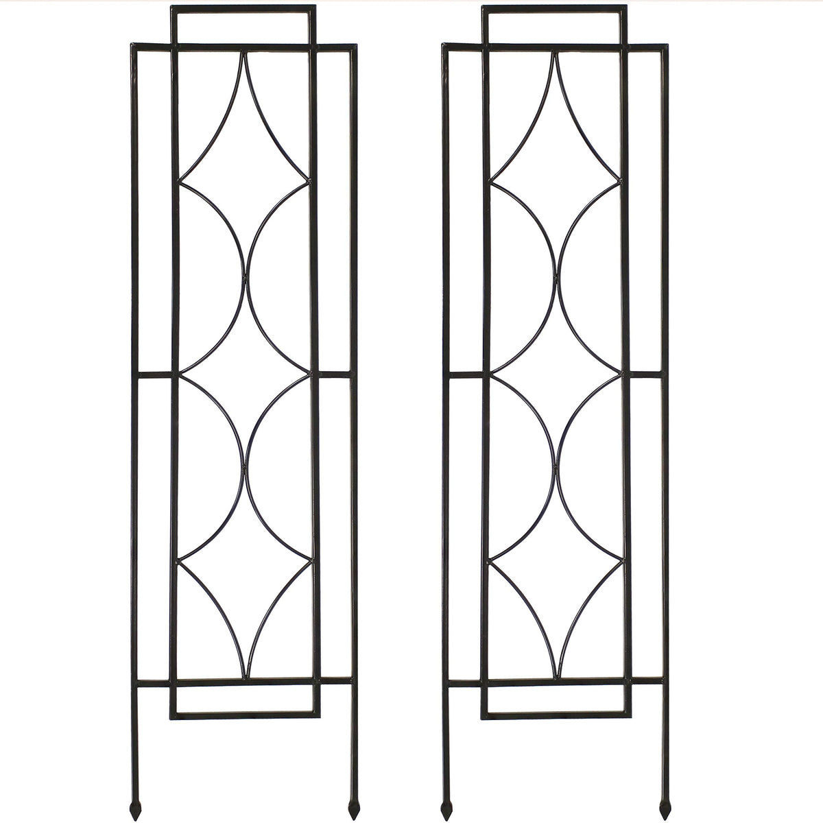 Sunnydaze front view of two black metal trellises adds vertical garden structure