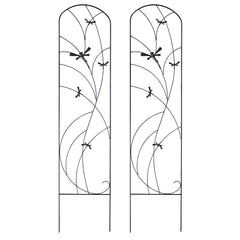 Sunnydaze front view of 56-inch black metal trellis 2-pack showing clean decorative silhouette and support