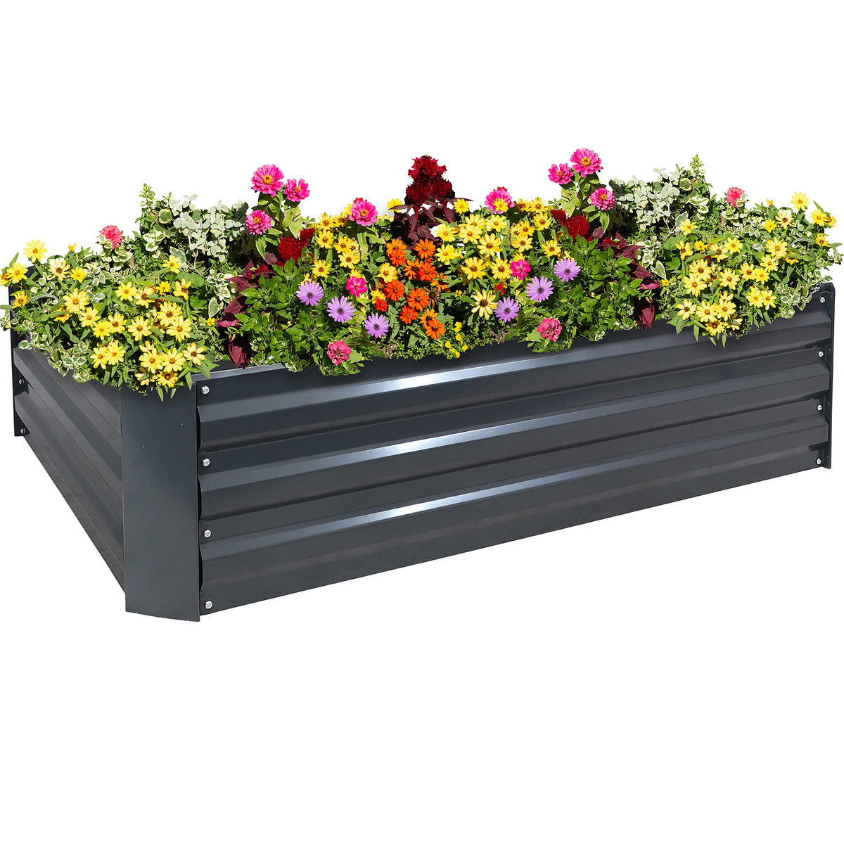 Sunnydaze front view of galvanized raised garden bed showing durable rectangular planter and space