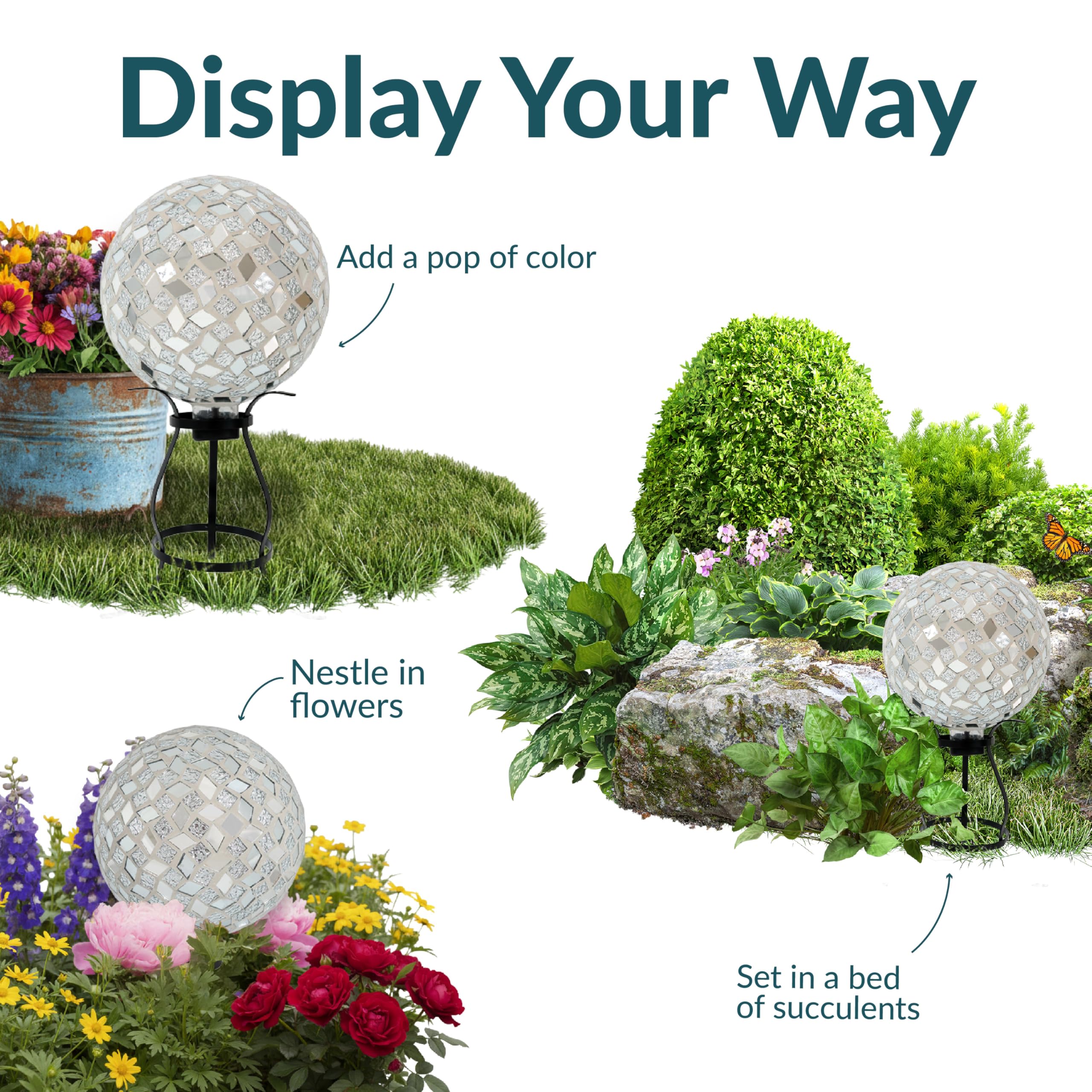 Sunnydaze mosaic globe positioned on a decorative stand creating focal height