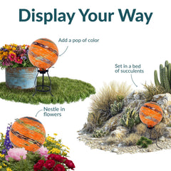 Sunnydaze globe displayed on metal stand showing how it elevates garden decor